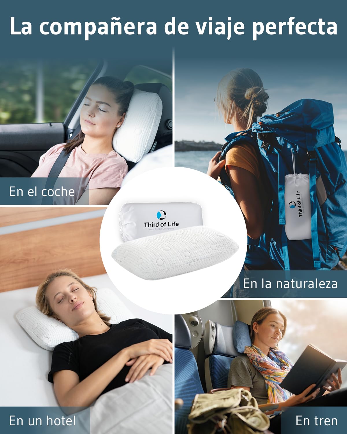 Third of Life Almohada Pequeña Viscoelástica Volar | Cojín Ergonómico | Funda con Termorregulación | Almohada de Viaje para Tren, Avión y Coche o para una Siesta en el Sofá de Casa | 40x25x10cm