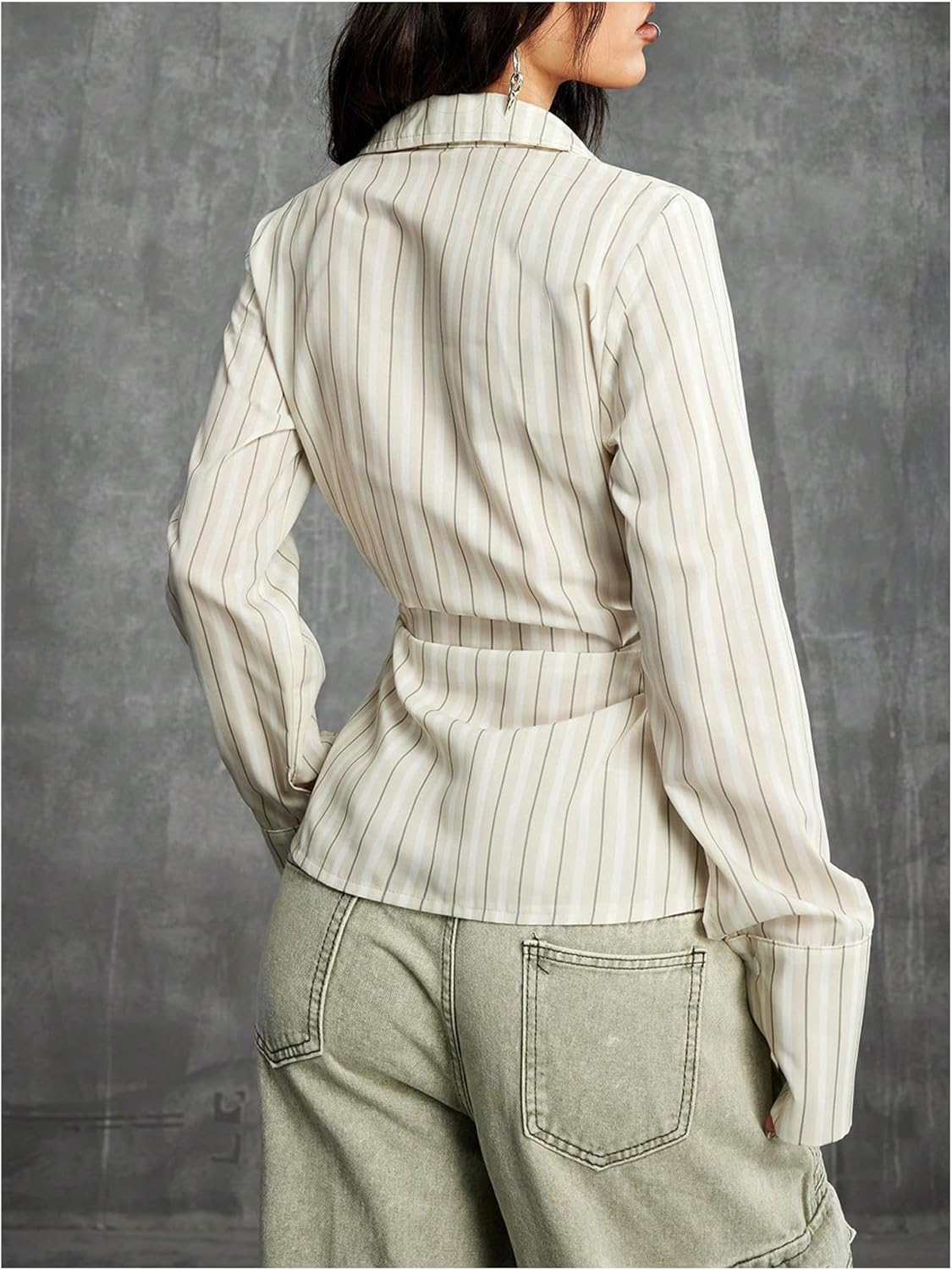 SweatyRocks Women's Y2K Striped Button Down Fitted Blouse Trendy Bell Sleeve Collared Shirt Tops - Image 2