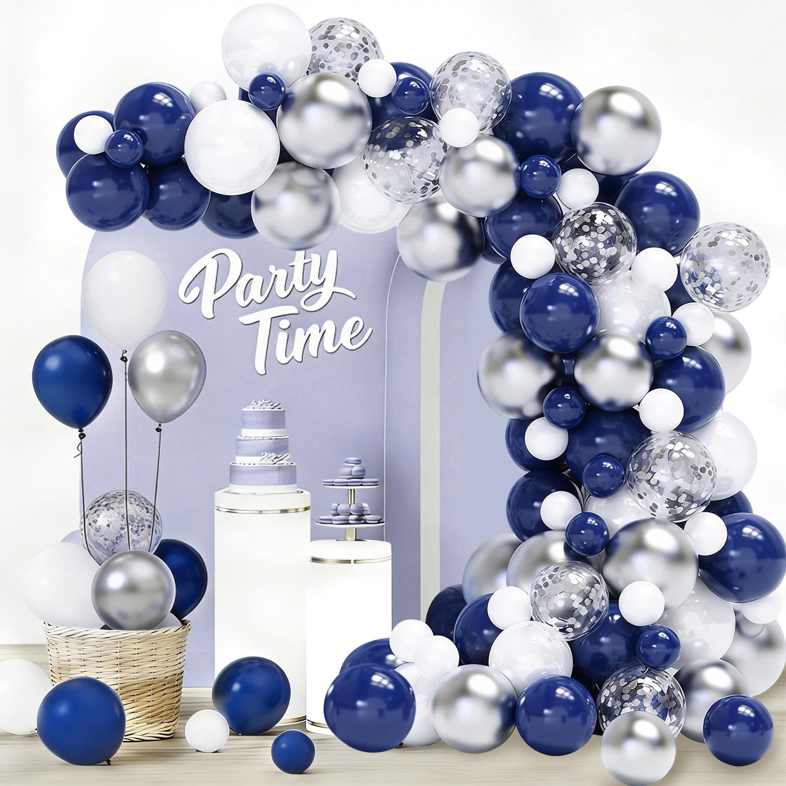 Navy Blue Silver White Balloon Arch Kit, Confetti Balloons, 101Pcs 18 12 10 5 Inch Different Sizes Balloon Garland, Latex Balloons, Perfect for Baby Shower, Birthday, Wedding, Graduation Decorations