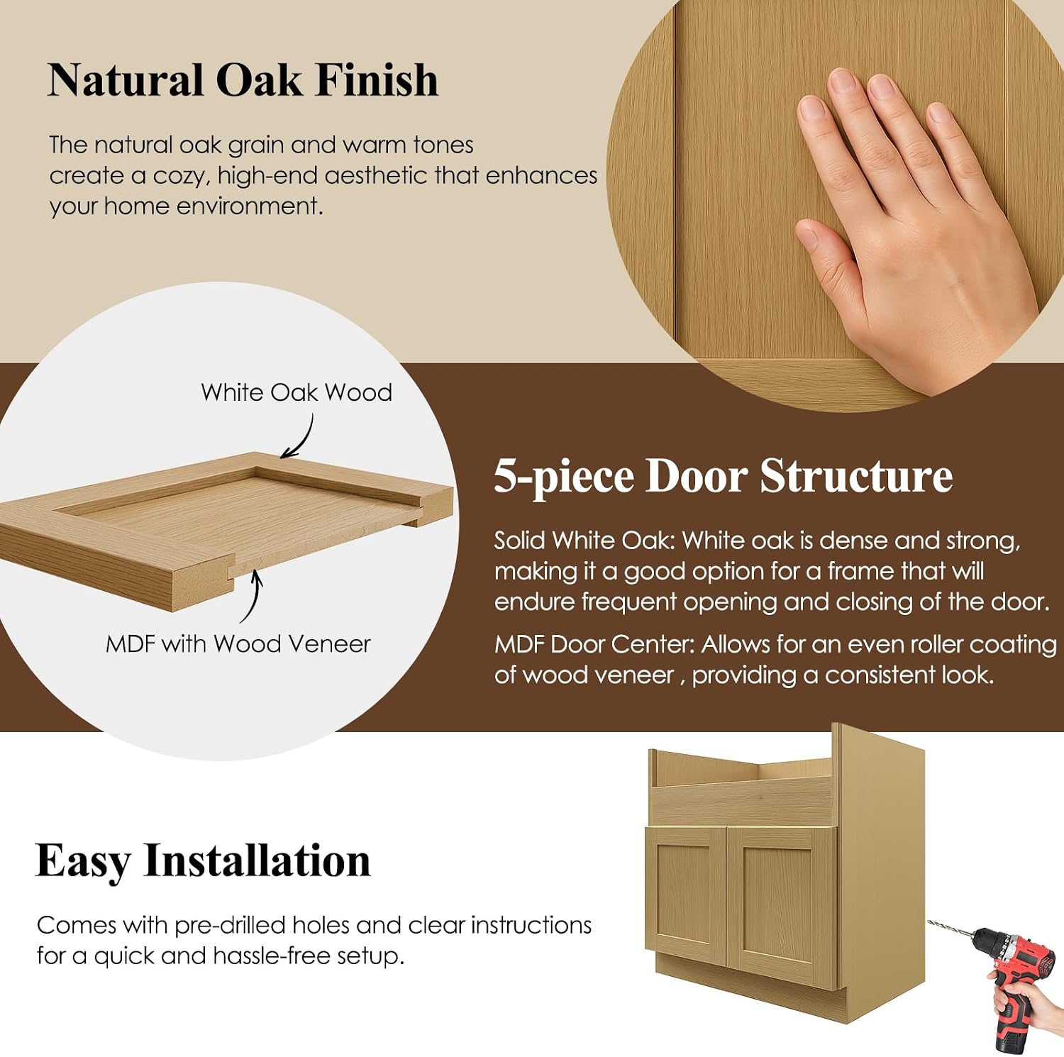 Kitchen Sink Cabinet, 36" Apron Sink Base Cabinet for Farmhouse Sink, Shaker, Paint, Unassembled, RTA for Kitchen, Laundry Room (White Oak MDF Door, 24" D x 34 1/2" H x 36" W)