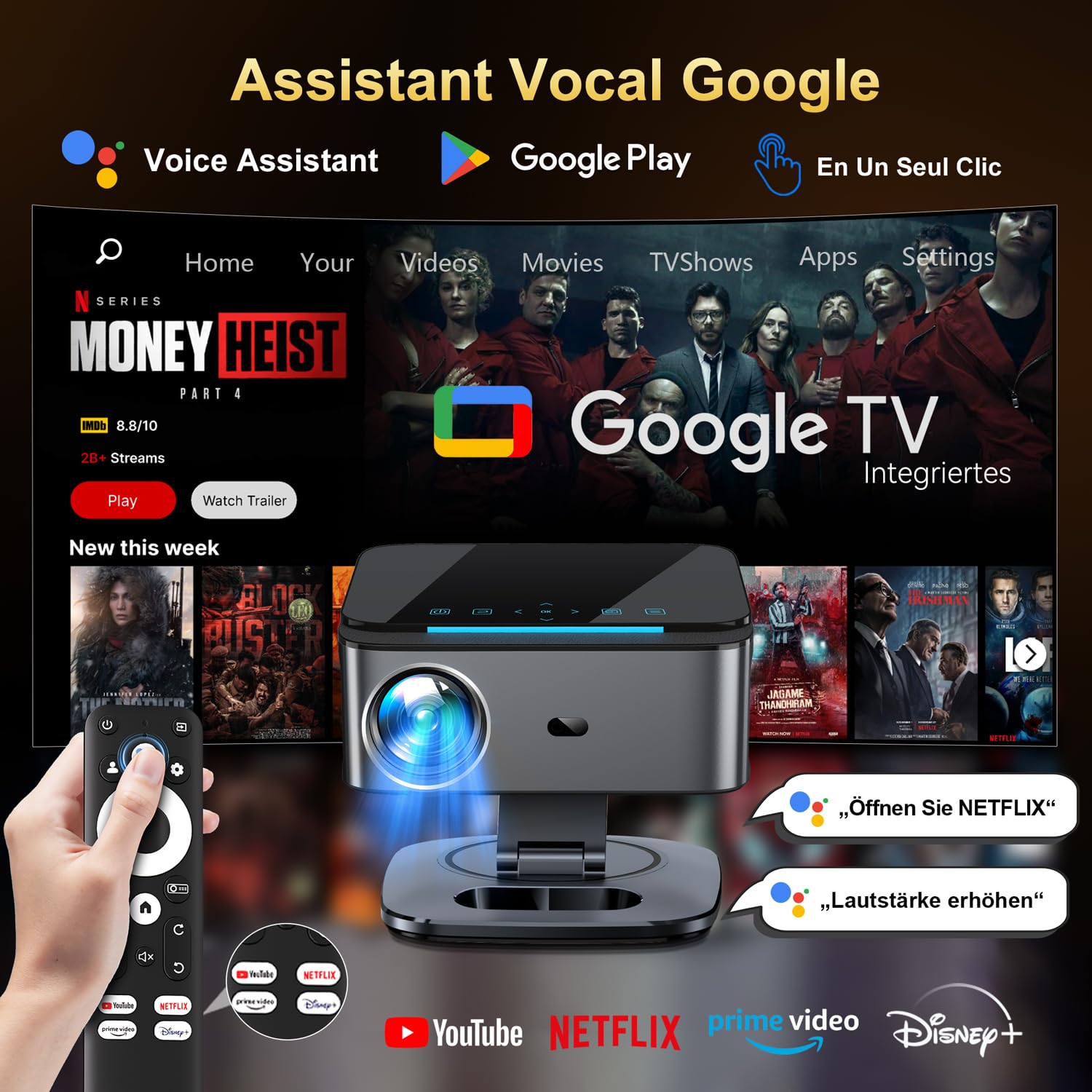 XIWBSY Beamer 4k 1500 ANSI Autofokus 360° Drehung Google TV Sprachsteuerung WiFi 6 Bluetooth 5 38000 Lumen Heimkino Outdoor Netflix