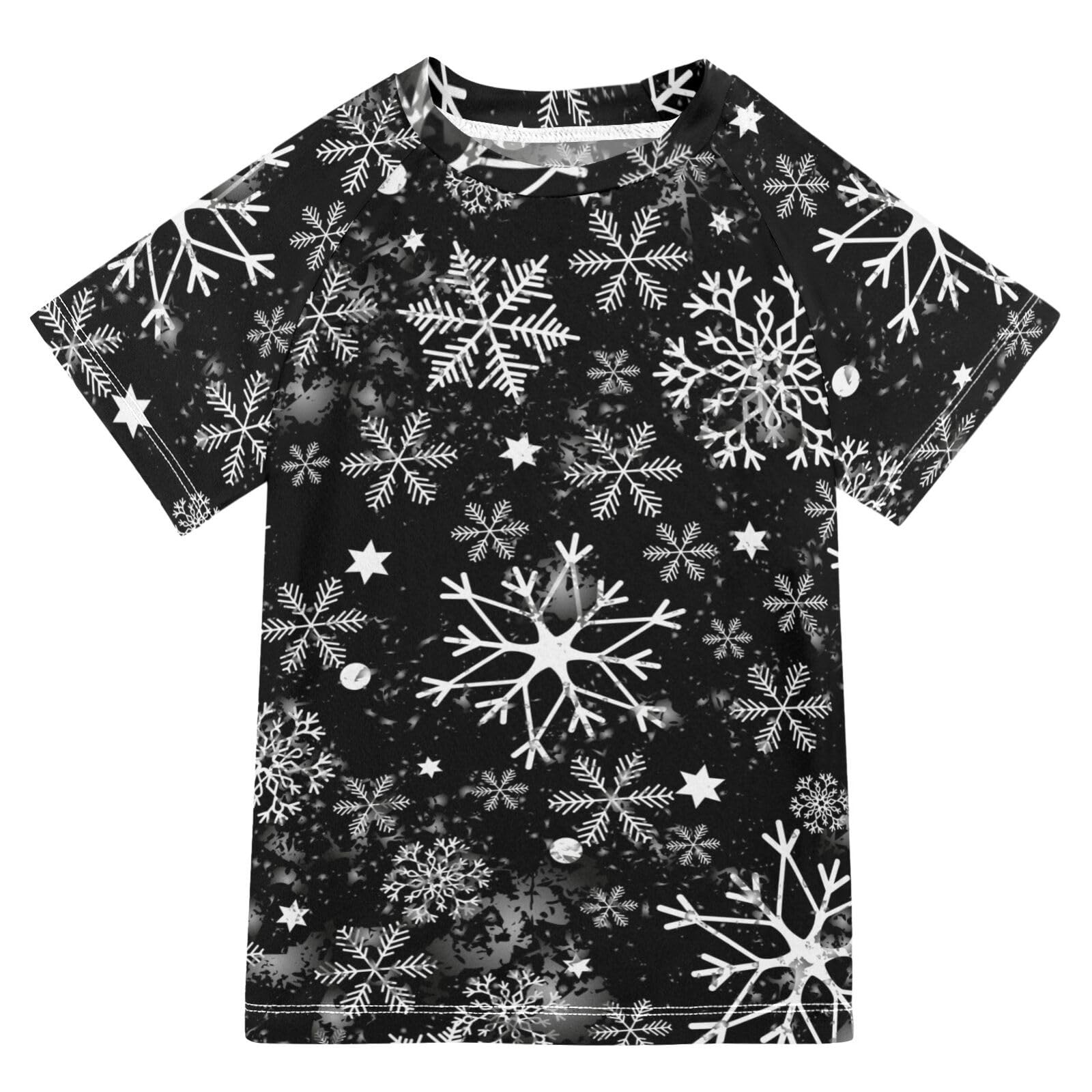 Aflyko Christmas Boys' Swim Shirt Snowflake Black White Cool Rash Guard Beachwear Sun Protection Fishing Hiking Camping Surfing Swimming Toddler Infant Summer Daily T-Shirt, 4T