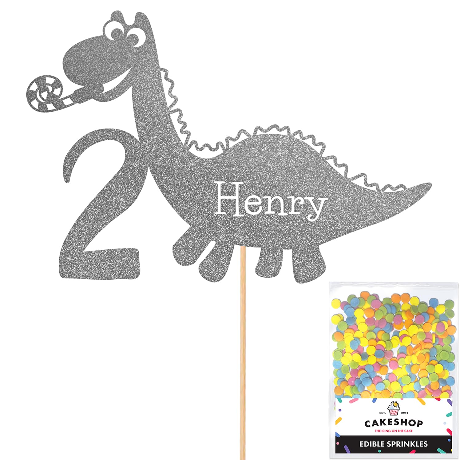 Personalised Birthday Dinosaur Glitter Cake Topper- Dark Silver Any Name & Age Glitter Cake Decoration and Sprinkles - Happy Birthday Decorations - Personalised Toppers for Cakes by Cakeshop — image 1