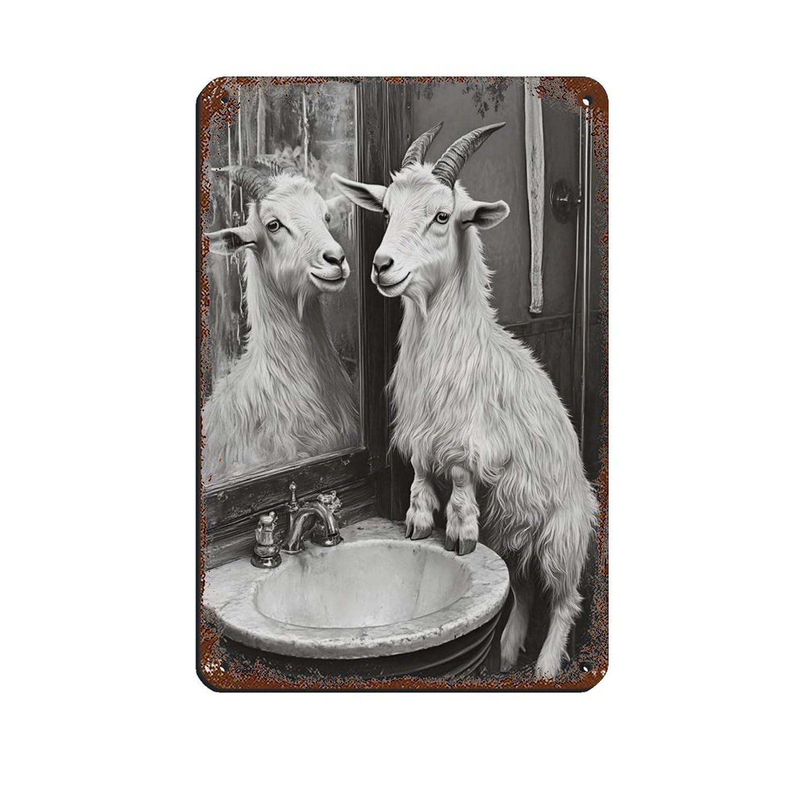 Whimsical Goat Bathroom Decor Retro Poster Metal Tin Sign Chic Art Retro Iron Painting Bar People Cave Cafe Family Garage Poster Wall Decoration 8x12inch(20x30cm)