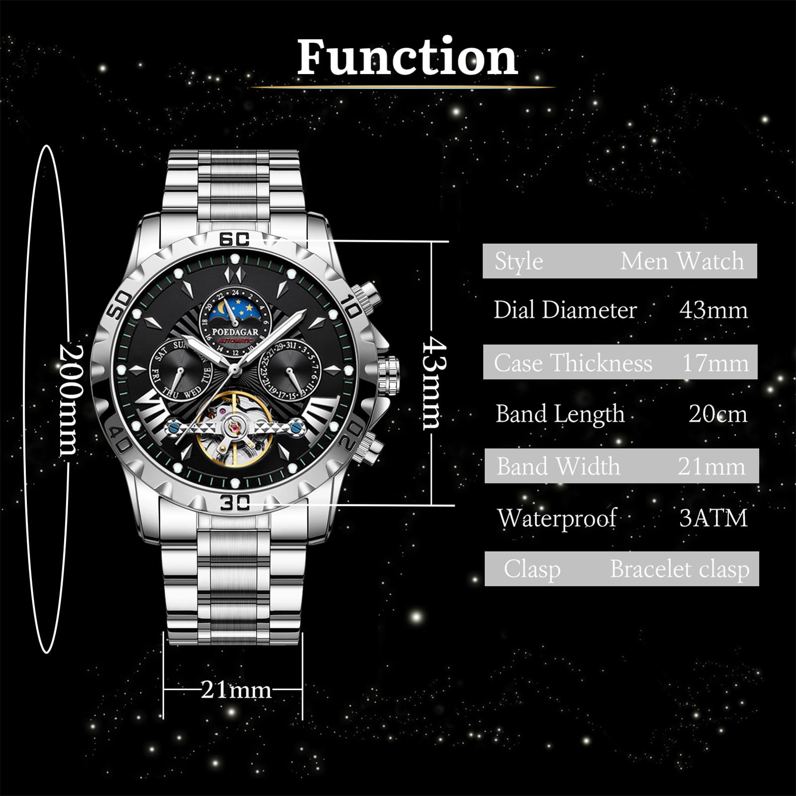 FORSINING Orologio da uomo Tourbillon automatico a carica manuale, cinturino in acciaio inox, fase lunare, orologi meccanici, visualizzazione della data analogica