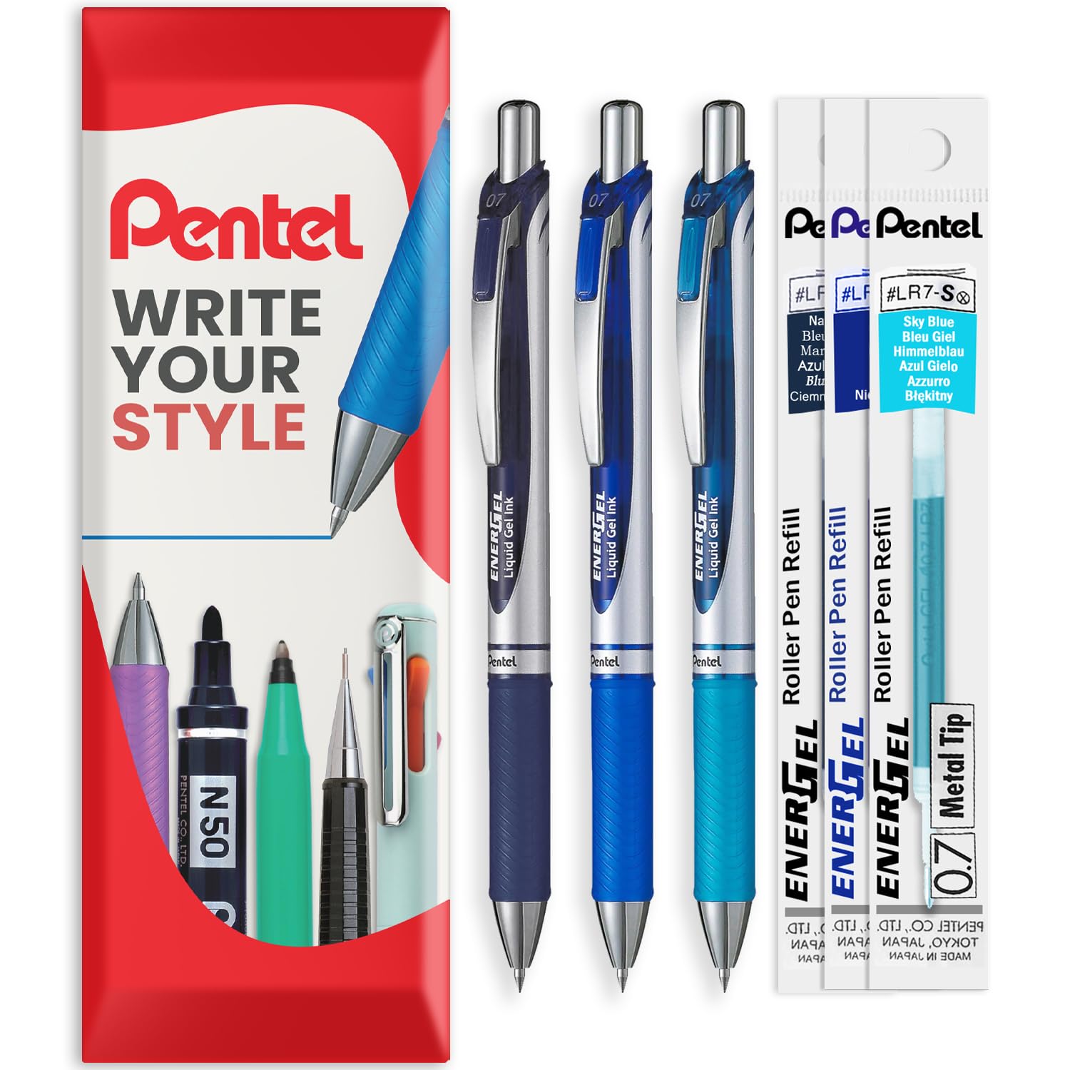 Pentel EnerGel XM BL77 - Retractable Liquid Gel Ink Pen - 0.7mm - 54% Recycled - In Envelope Gift Packaging - Pack of 3 Pens + 3 Refills (Blue Tones)