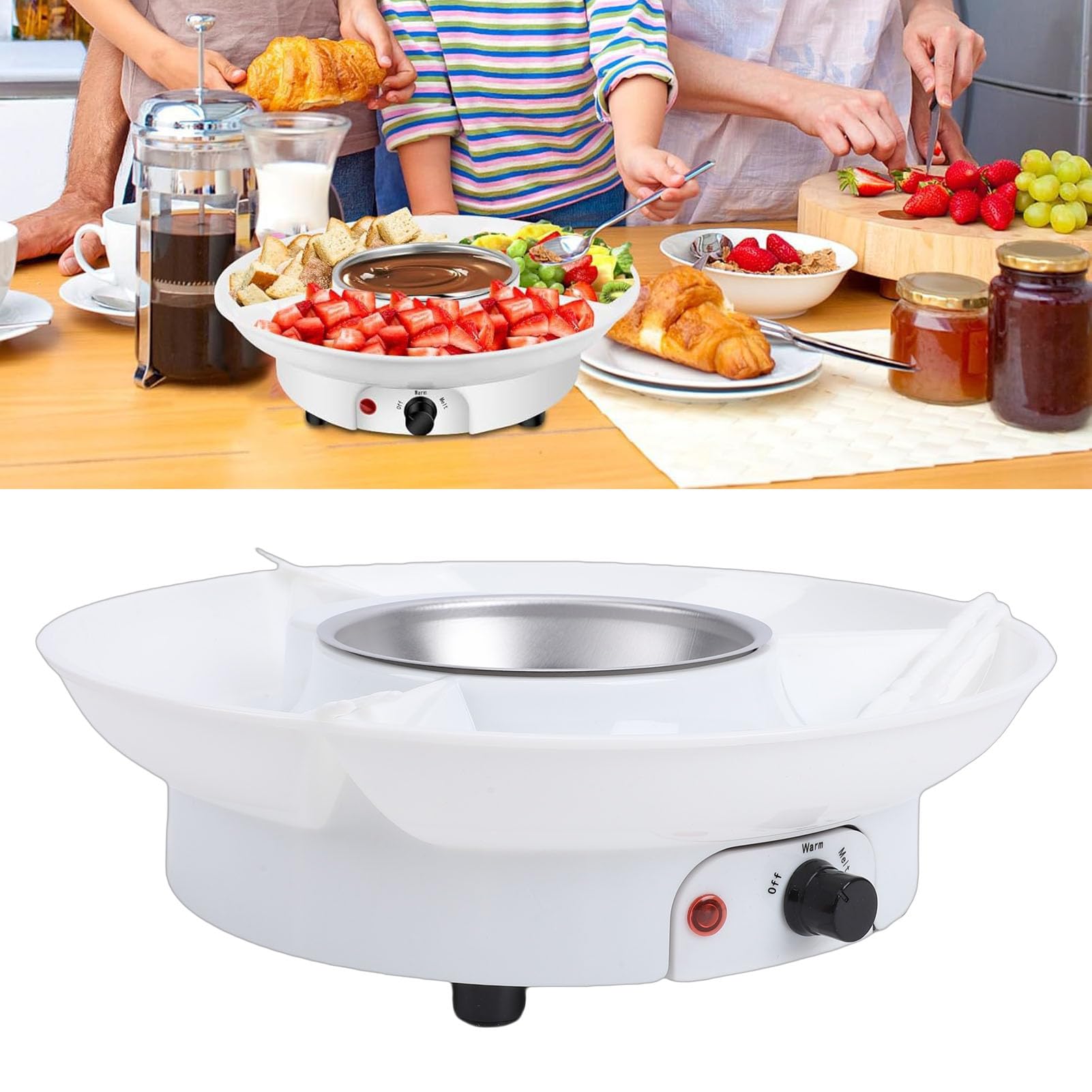 Asixxsix Juego de Ollas Eléctricas para Fondue, Kit de Fondue de Chocolate con Tazón de Fusión Extraíble de 10 Oz y Bandeja Desmontable de 3 Secciones para Derretir Queso, Chocolate y (Enchufe de la