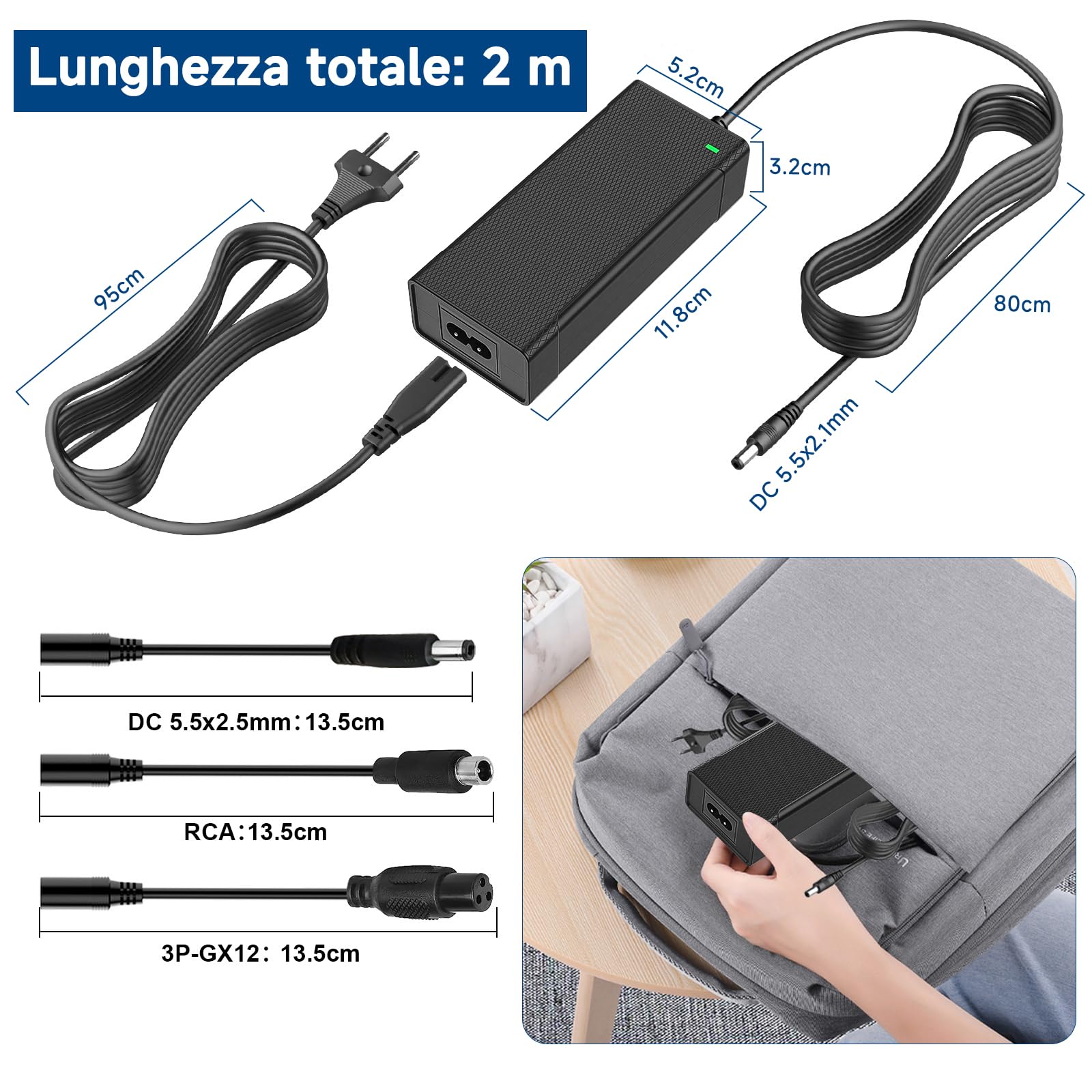 Caricabatterie per Monopattino Elettrico, 42V 2A Caricabatterie Hoverboard 36V Monopattino Batteria con 4 Connettori per Hoverboard, Scooter Elettrico, Tavola da Drift, per X-iaomi, S-egway