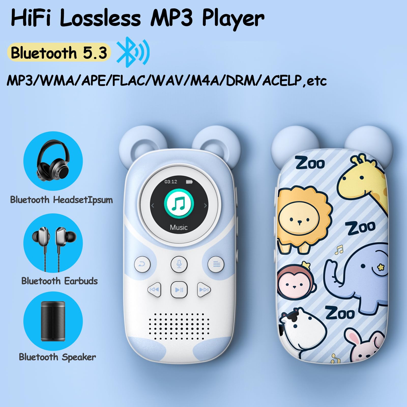 64GB MP3 Player Kids Bluetooth 5.3 con Altavoz para Auriculares Soporta Radio FM, Despertador, grabación con un botón, función cronómetro