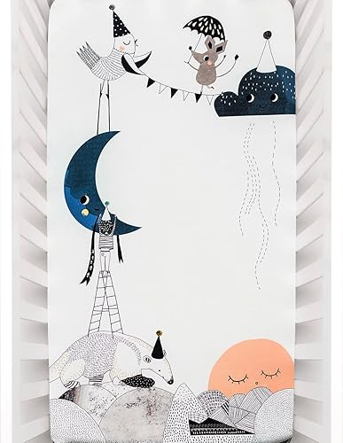 Rookie Humans Sábana bajera ajustable 100% satén de algodón: cumpleaños de la luna. guardería moderna, uso como fondo de fotos para las fotos de tu