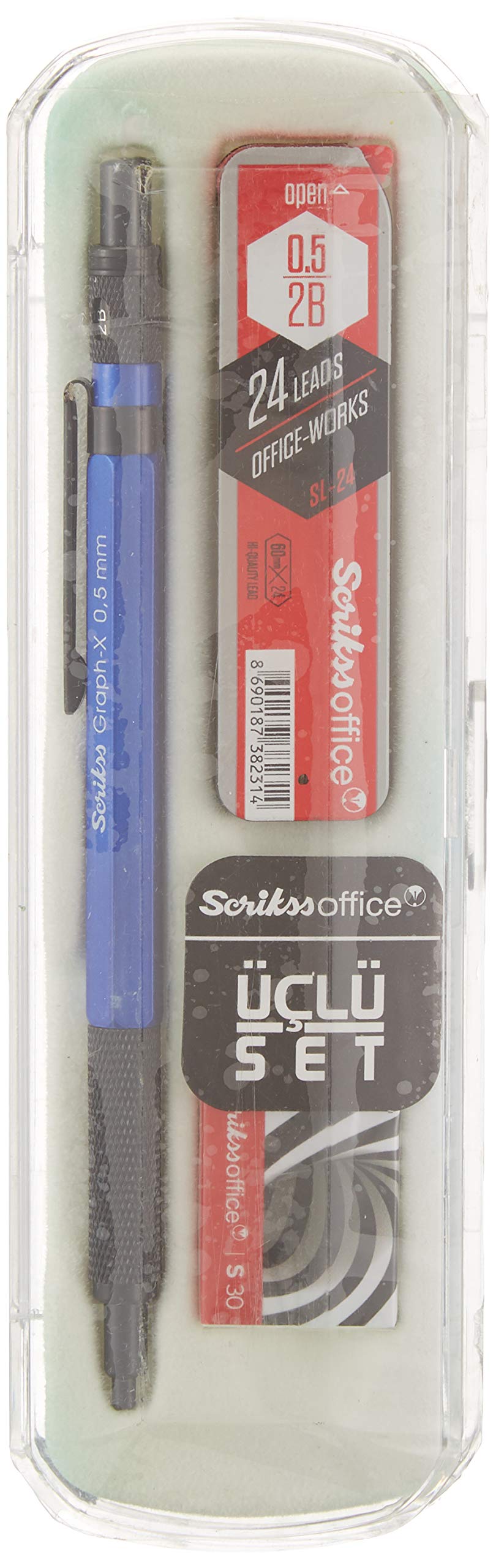 SCRIKSS - Ołówek mechaniczny - Graph-X + Scrikss Tube 2B ołówek + gumka do wycierania (niebieski, 0,5 mm)
