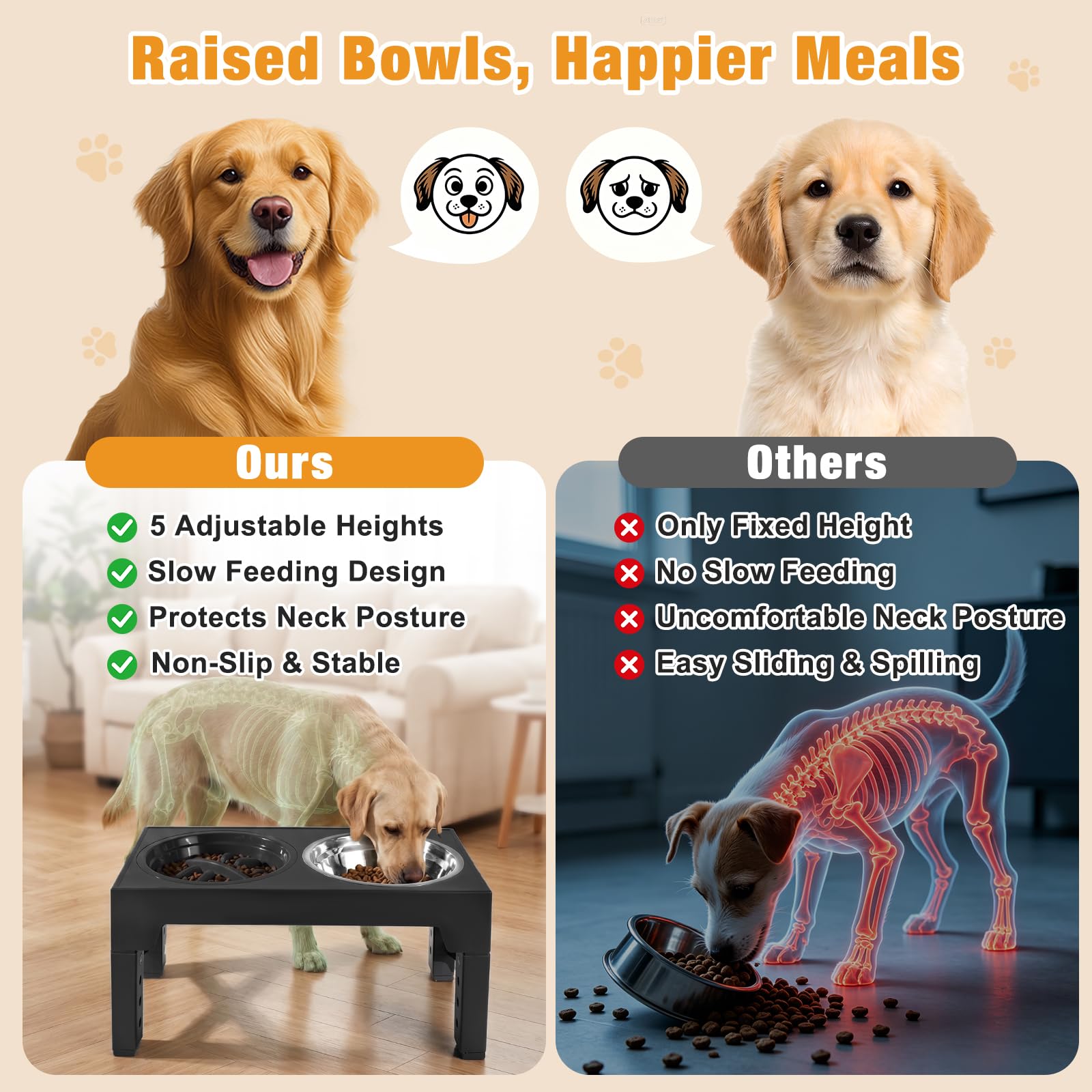 Gamelle surélevée pour chien – 5 niveaux réglables en hauteur – Mangeoire avec 2 bols en acier inoxydable de 1200 ml et 1 gamelle Slow-Feeder, antidérapante, pliable, pour petits et grands chiens