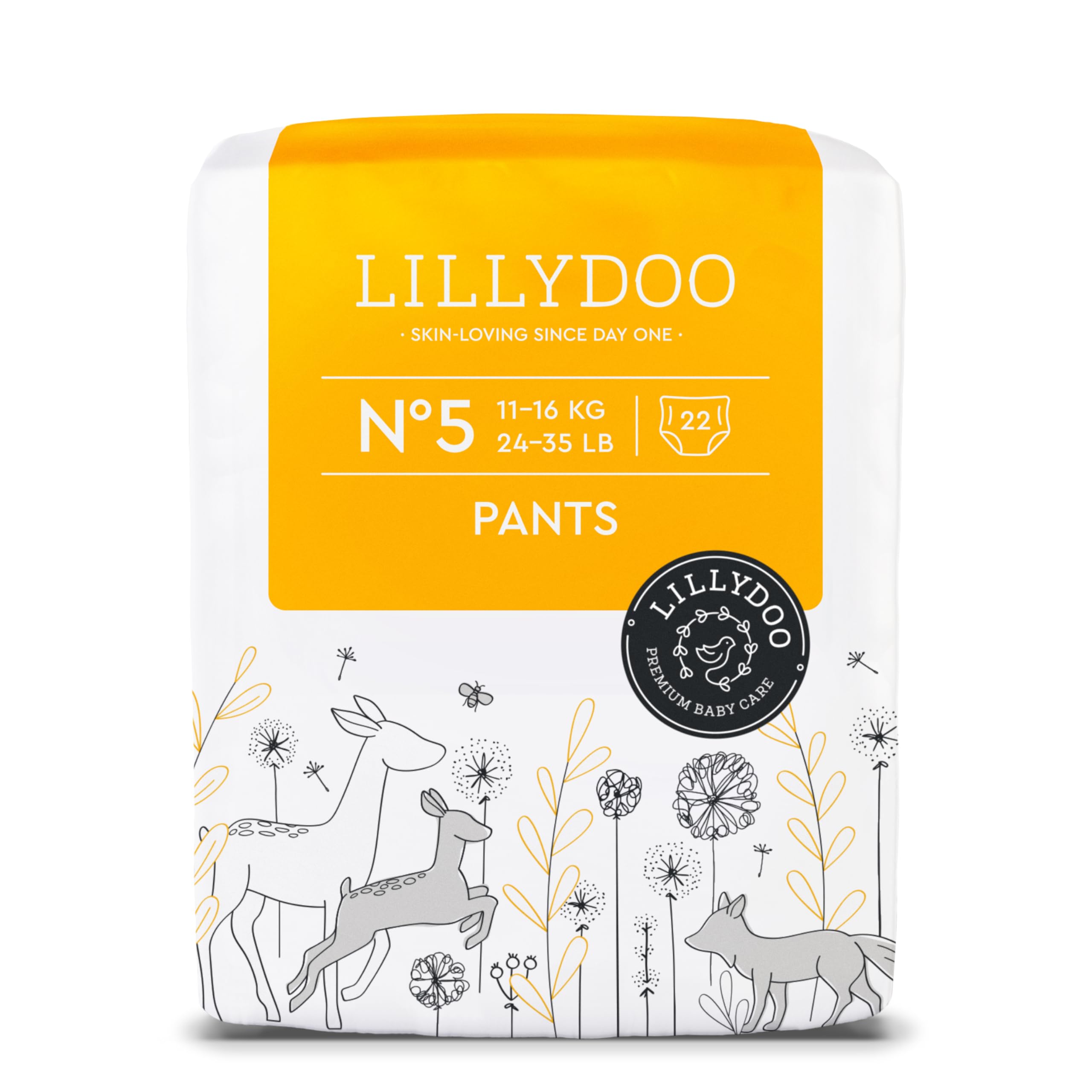 Pañales-braguita LILLYDOO - talla 5 (11+ kg), 22 unidades, protección contra fugas, delicados con la piel, suaves, sin perfumes ni lociones, dermatológicamente testados