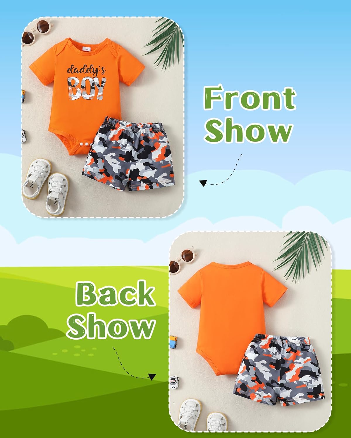 NZRVAWS Newborn Baby Boy Clothes Letter Printed Romper Shorts Summer Infant Outfits Camo Clothing Set 0 3 6 9 12 Months 0-3 Months Orange image 3 of 5 B0DS8P6WCL
