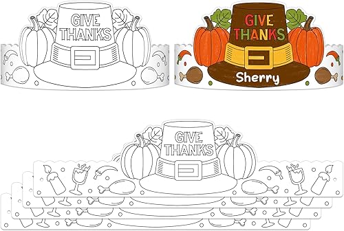 WhatSign Sombreros de Acción de Gracias para colorear, sombreros de pavo de Acción de Gracias para niños, 24 piezas de diadema de Acción de Gracias,