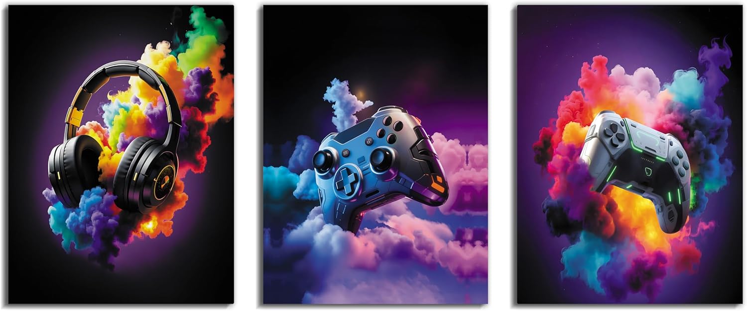 TimAsh Framed Gaming Room Decor Canvas Wall Art Set of 3 Gamepad Headphones Wall Decor Video Gaming Esports Theme Picture Prints for Teen Boys Game Room Play Room Kids Bedroom 16L x 12W