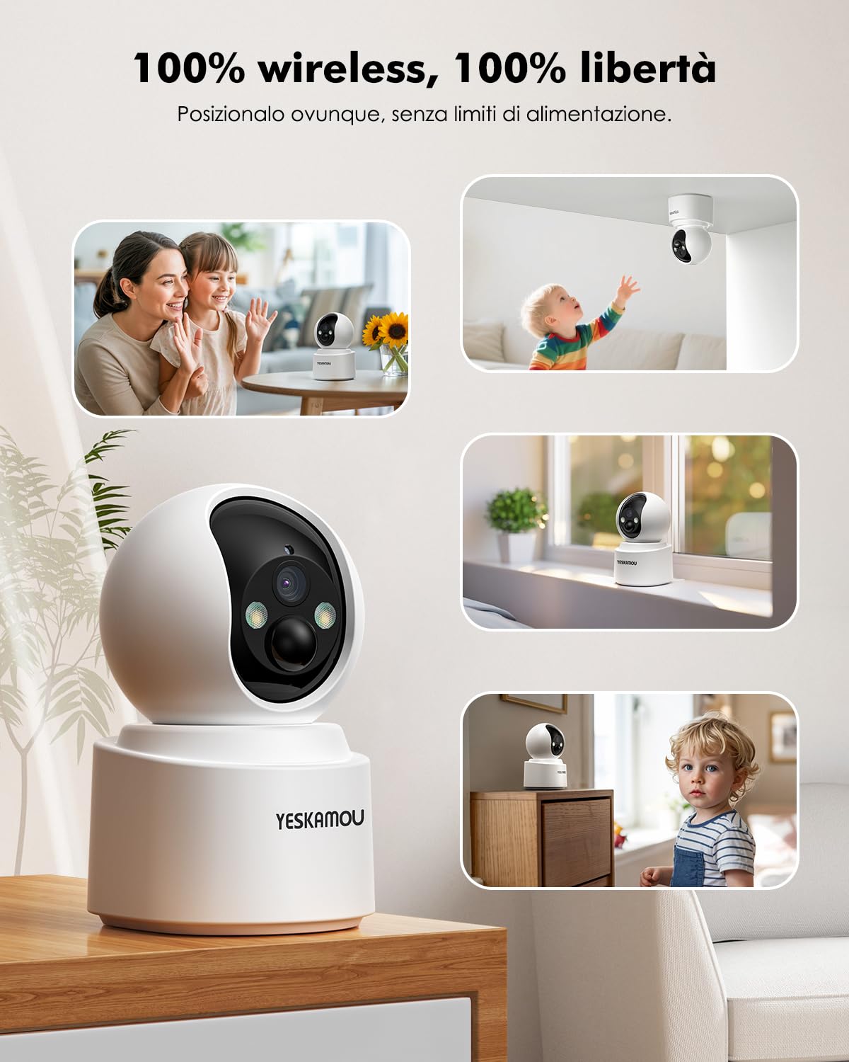 4MP 2.5K Telecamera Wi-Fi Interno Senza Fili con Batteria 6000mAh, 360° Telecamera Batteria Interno, Rilevazione di Movimento PIR, Visione Notturna a Colori, 2.4G/5G Wi-Fi