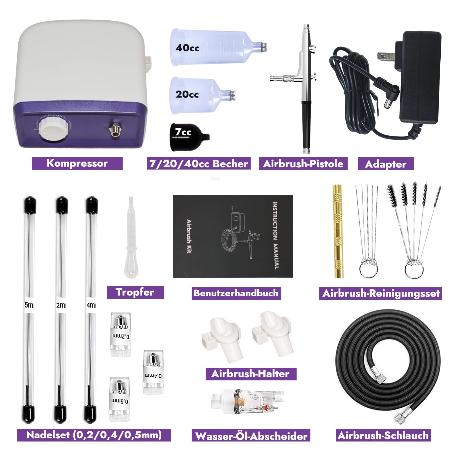 50 PSI Airbrush Set mit tragbarem Kompressor, Dual Action Multi Funktion Airbrush Set mit 0,2/0,4/0,5mm Düsen/Reinigungssets für Kuchendekoration, Makeup, Modellbau