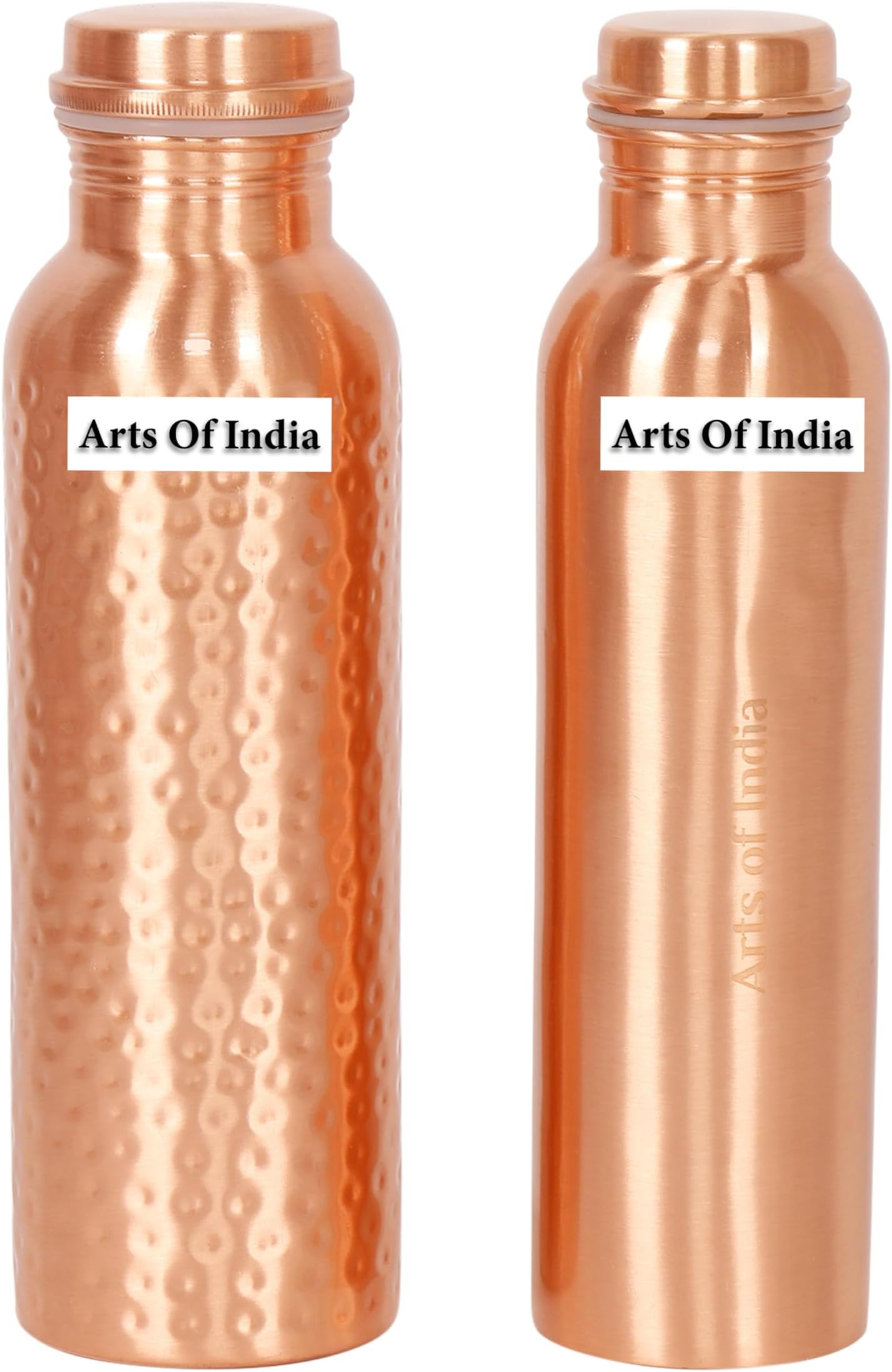 Pure Copper Water Bottle, Drink ware Set, Capacity 1000 ML(34 OZ), Set of 2 (HAMMERED & PLAIN)