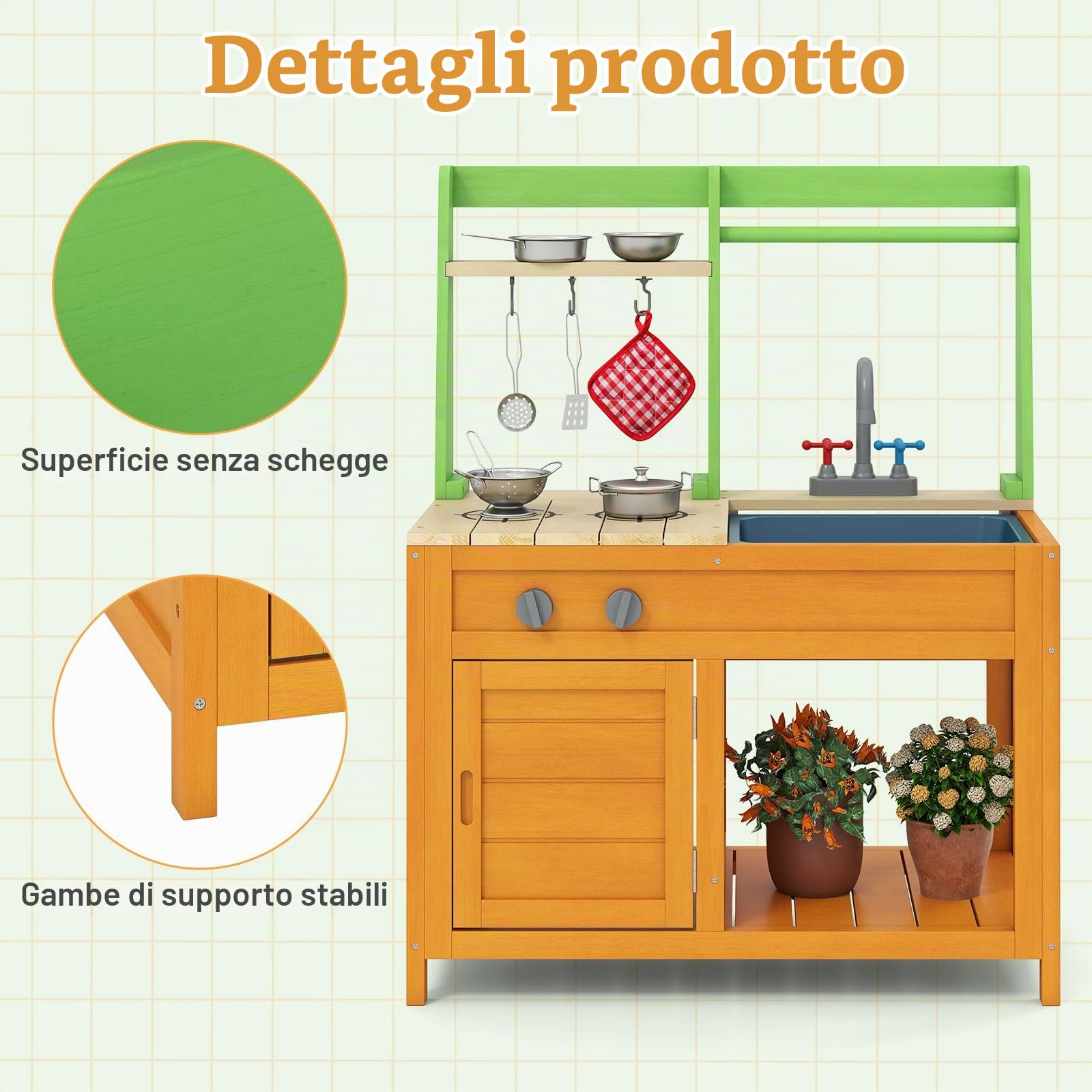 FANTASK Cucina di fango in legno per esterni, cucina giocattolo con accessori, cucina per bambini con fornelli realistici & rubinetto & lavello & forno, cucina da giardino per bambini dai 3 anni in su
