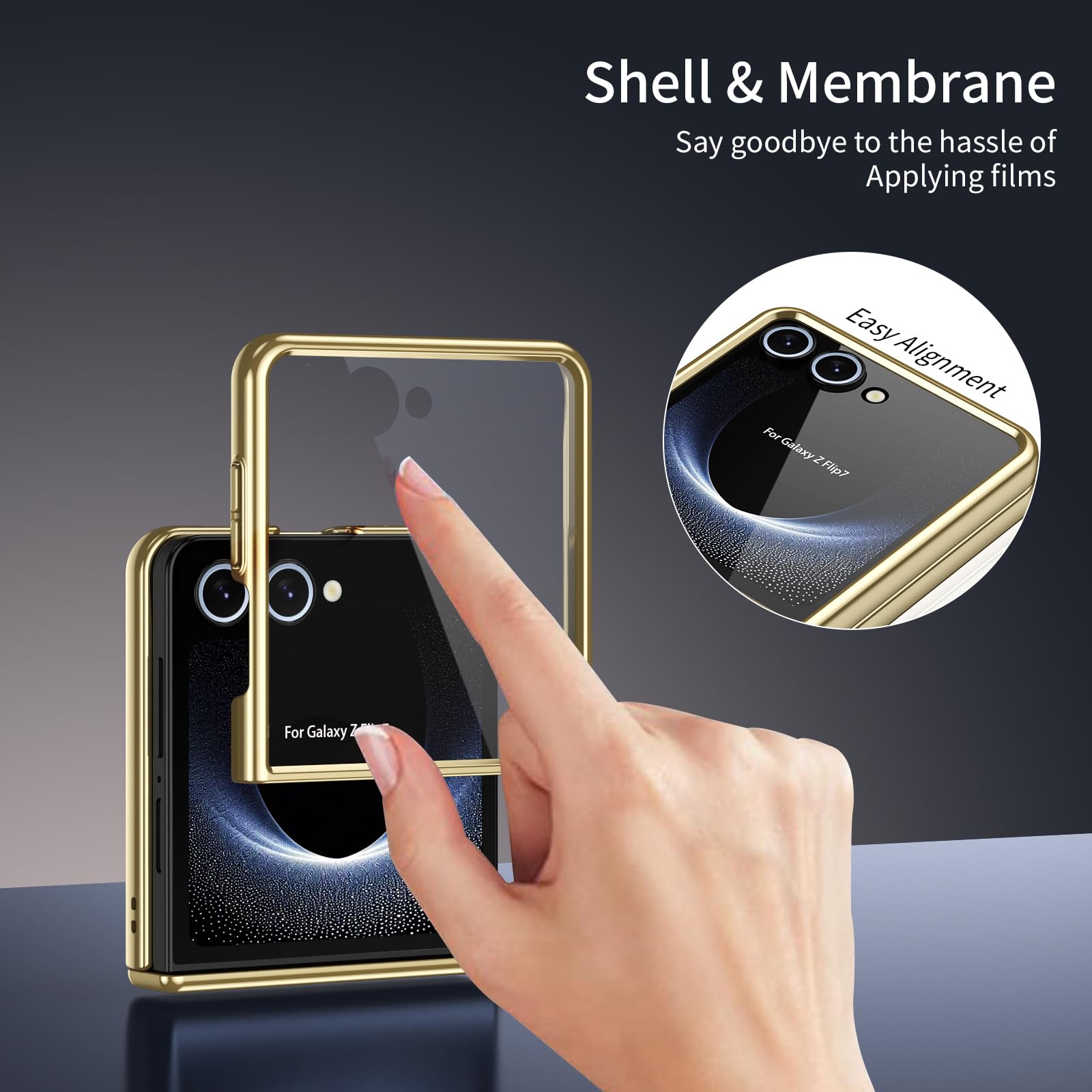 COQUE Funda para Samsung Flip 7,Carcasa con película Protectora integrada, bisagra Dorada galvanizada, Cubierta Completa,Funda Plegable para Samsung Galaxy Z Flip 7 5G-Dorado