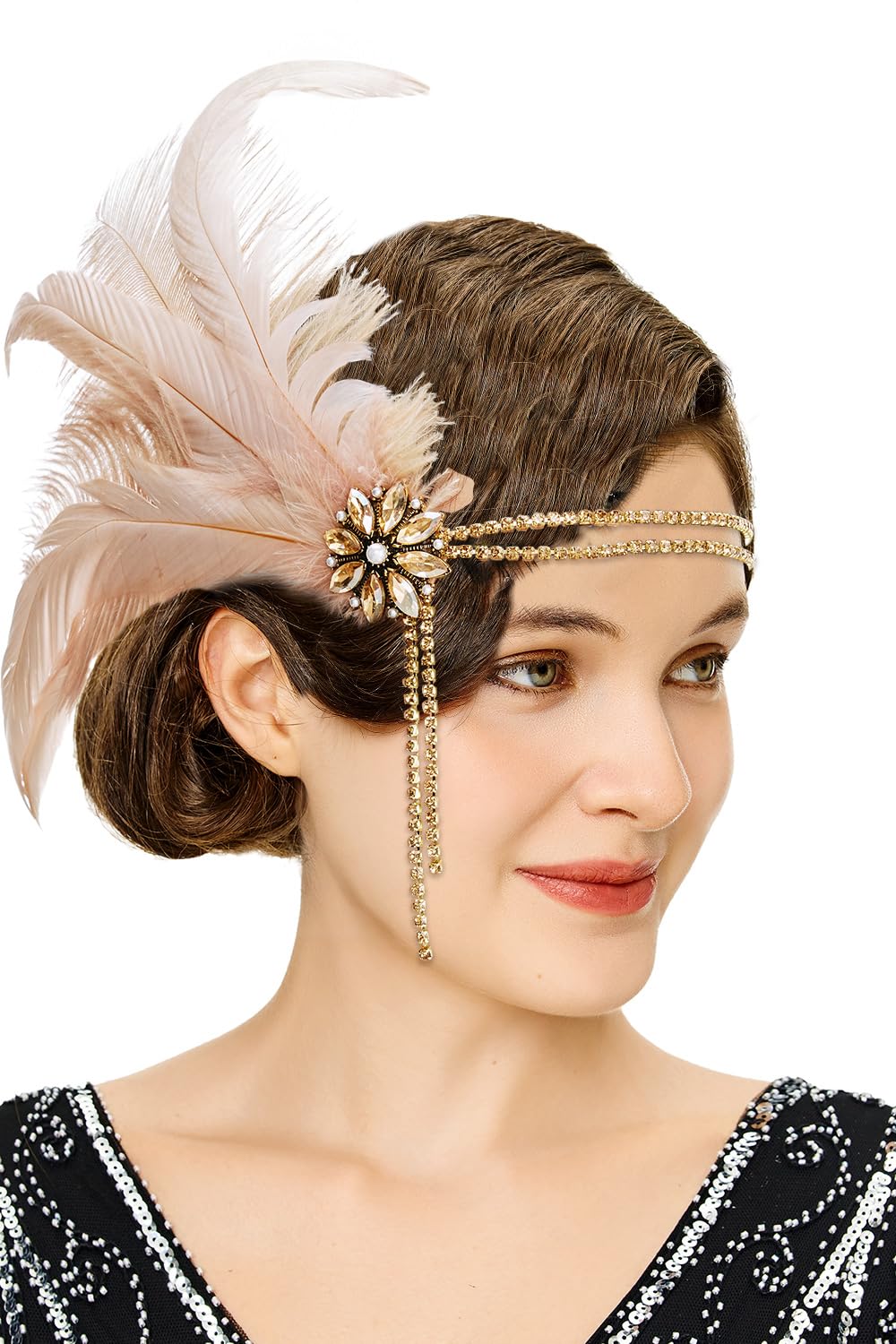 Flapper Headband 1920s Roaring 20s Feather Crystal Rhinestones Beads Amazon.com : BABEYOND 1920s Flapper Headpiece 20s Gatsby  main image 3