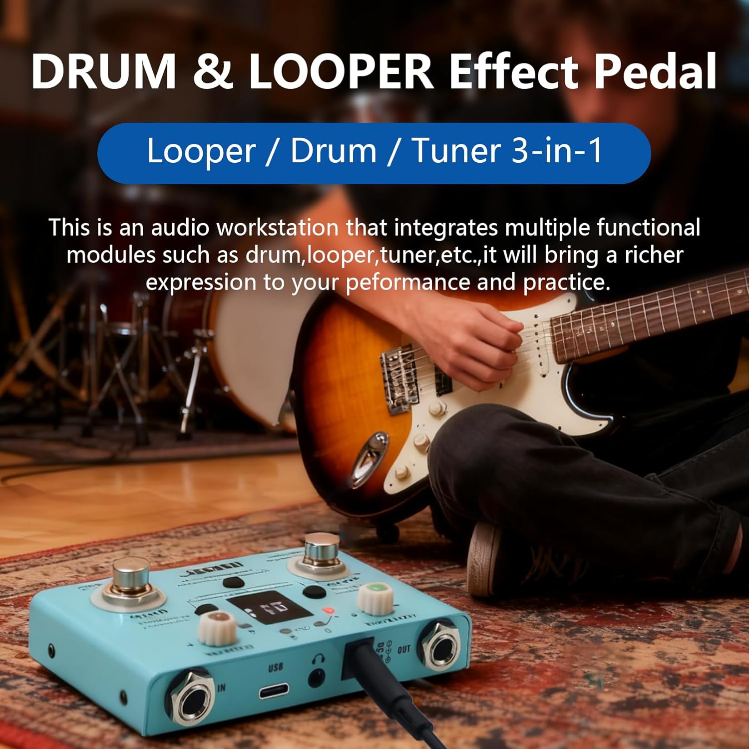 Hoerev Drum Machine Looper with Tuner APP Editingl 11 Minutes Loop, 30 Preset Drums,V2