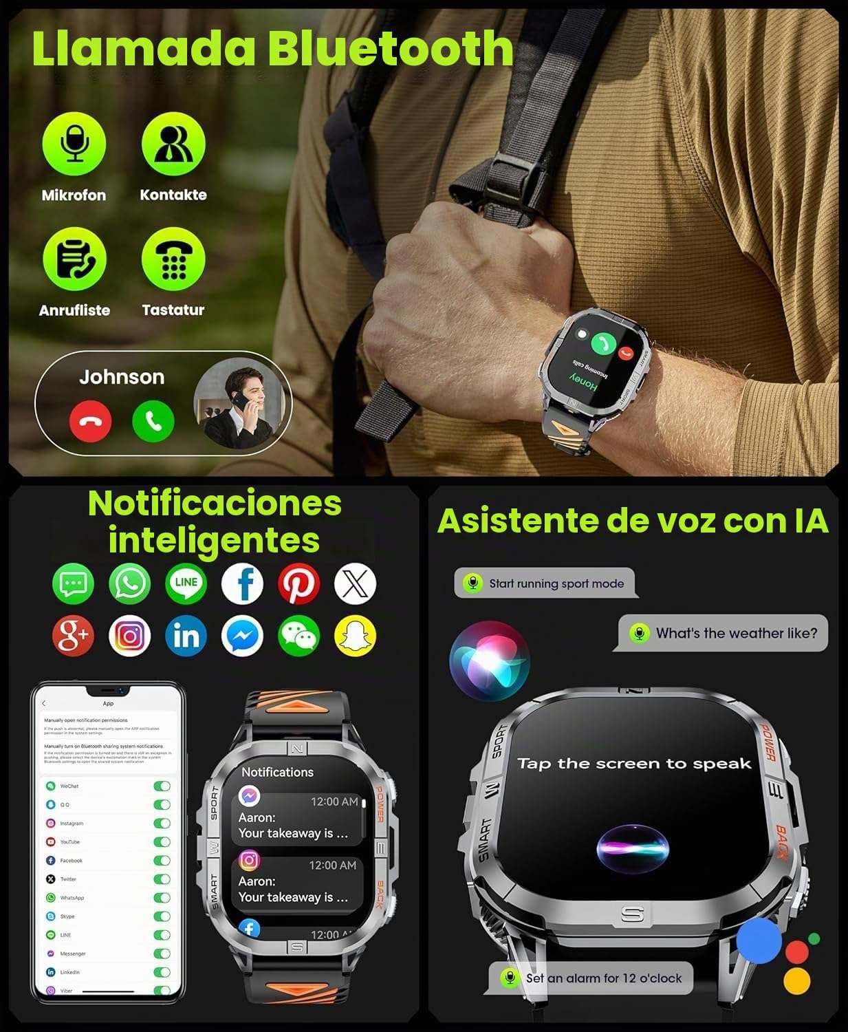 Reloj Inteligente Hombre GPS, 2,13" AMOLED Smartwatch Militar con Linterna Led, Barómetro, Brújula, 100+ Modos Deportivos, Llamadas Bluetooth, 3ATM Impermeable para Android iOS (Negro)
