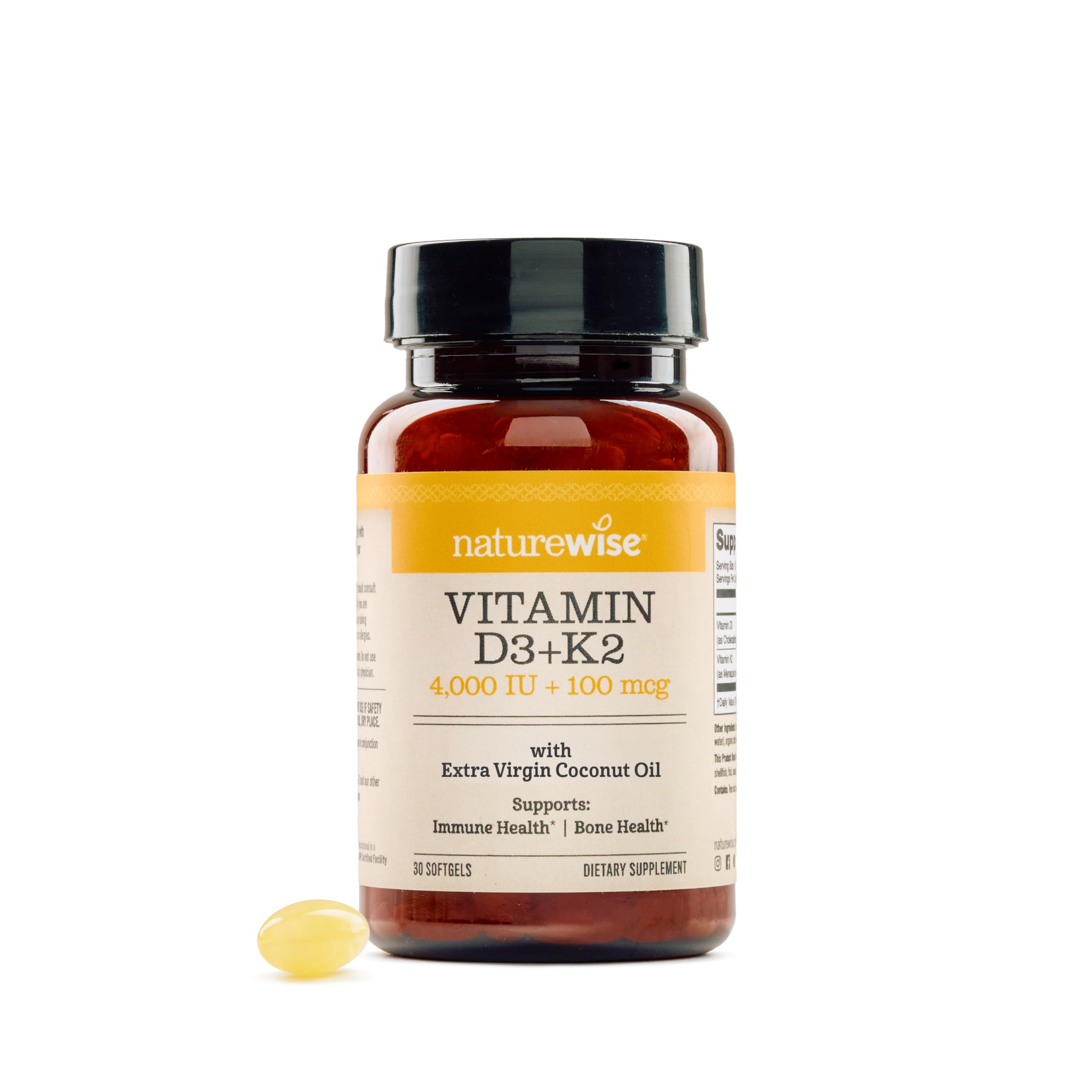 NatureWise Vitamin D3 4000IU + K2 (MK7) 100mcg with Organic Extra Virgin Coconut Oil - Supports Calcium Absorption, Bone & Immune Health - Non-GMO, Soy & Gluten-Free - 30 Softgels[1-Month Supply]
