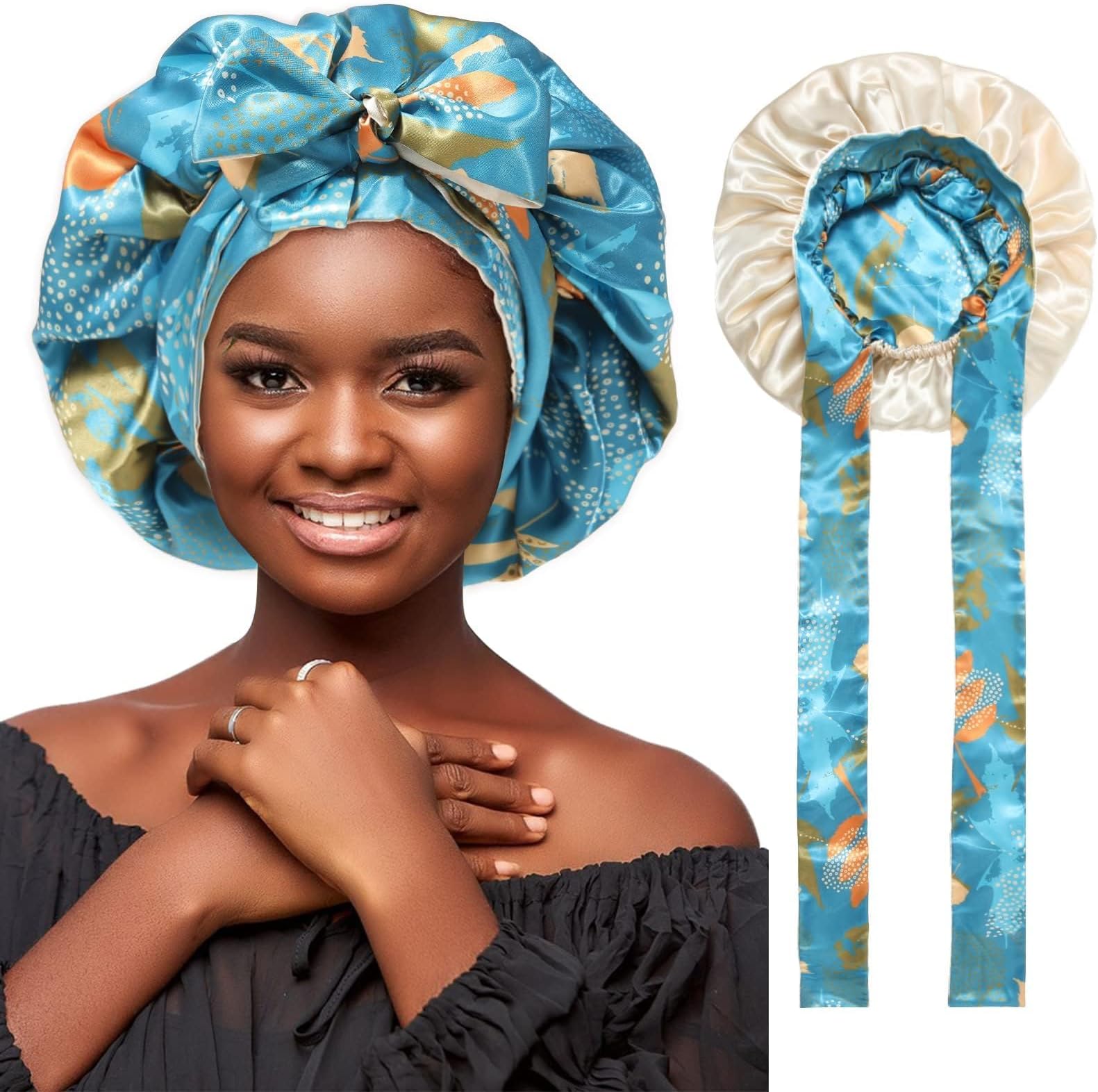 Satin Bonnet Silk Hair Bonnets for Women Curly Hair Wrap for Sleeping Cap Reversible Bonnet with Tie Band Night Cap