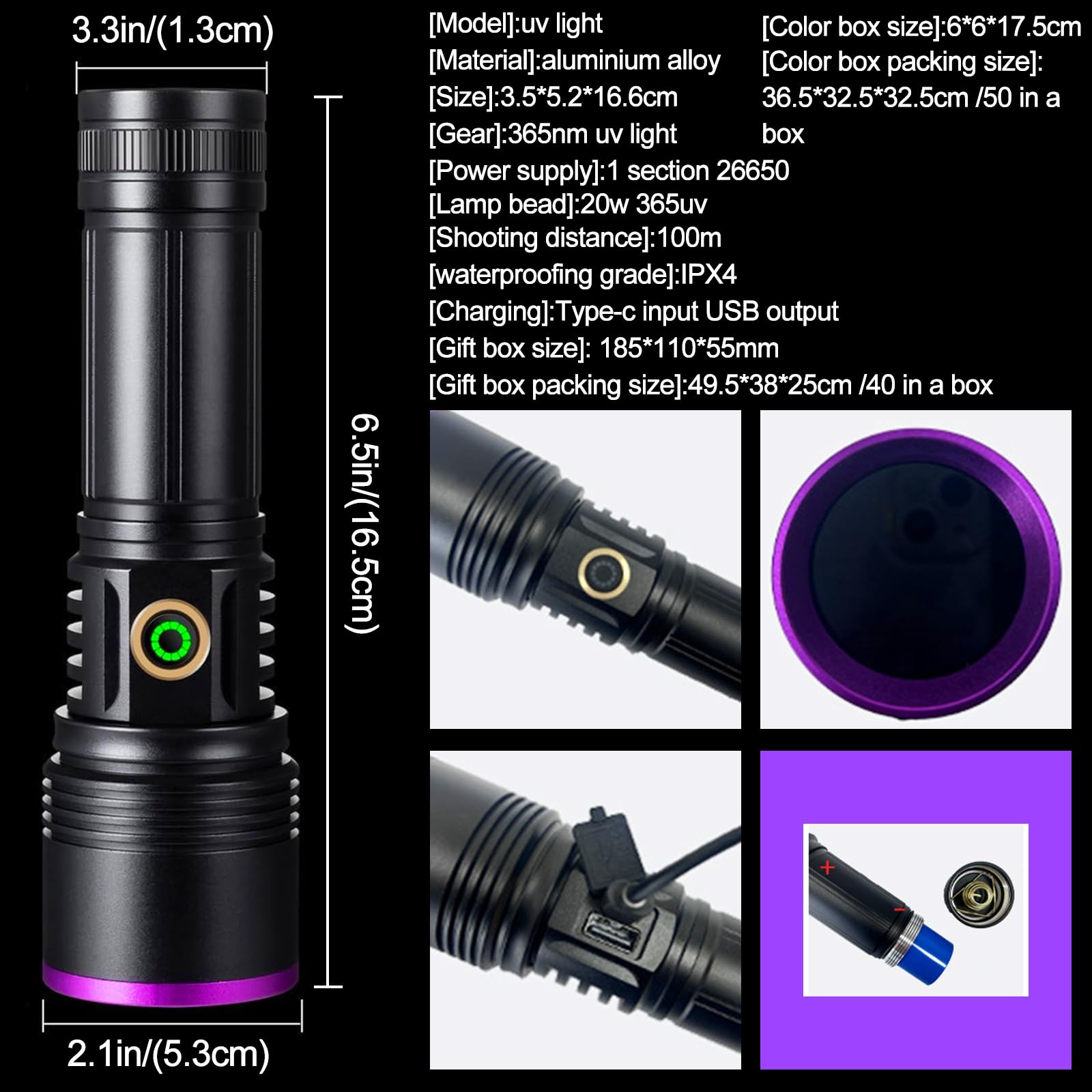 365nm Linterna Ultravioleta, 20W Linternas Luz Negra USB Recargable, Ultravioleta Linterna LED para Detector de Orina, Fluorescente, Mascotas, Escorpiones, Vidrio de Uranio, Resina