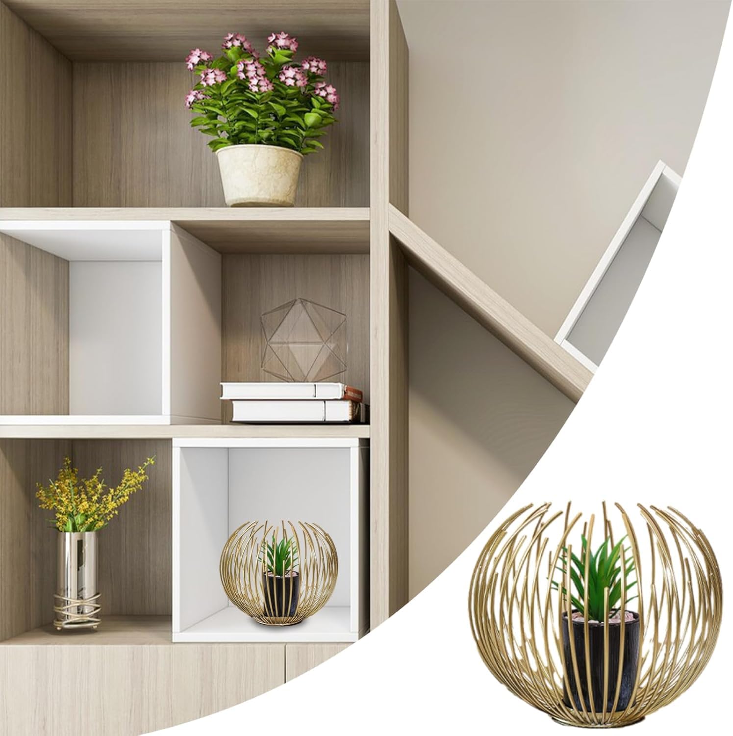 NOVABAZAAR Modern Spherical Metal Plant Holder, Gold Wire Design, Home Decor 1