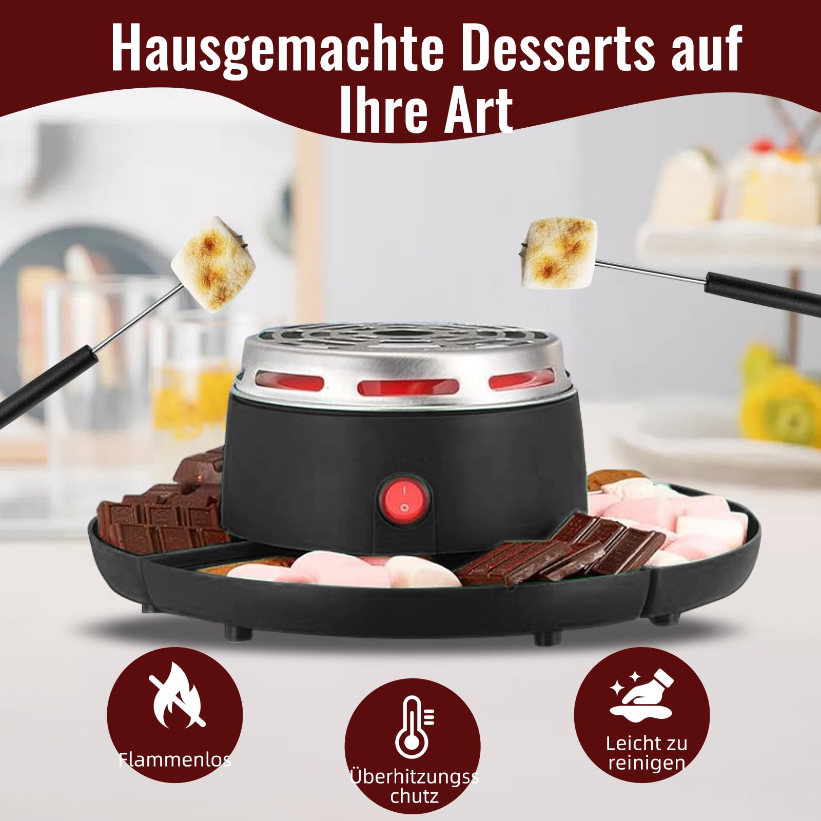 S'Mores - Juego de fondue de chocolate 2 en 1, tostador eléctrico de malvavisco con control de temperatura y 10 accesorios 280 W, modelo de mesa interior S'Mores, kit para fiestas, noches de