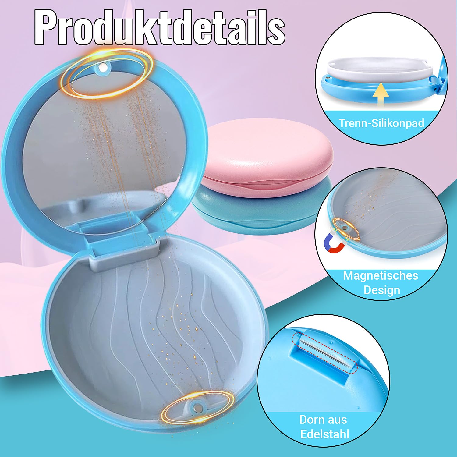 Caja de Dentaduras Portátil con Espejo 2 PC para Retenedores Soportes Protectores Bucales Azul y Rosa