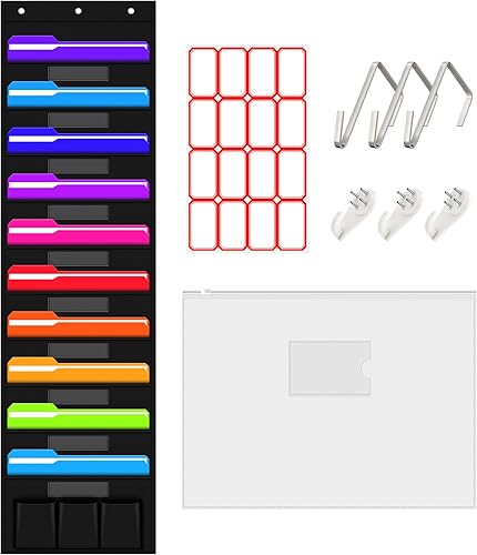 IronSeals 10 bolsillos de almacenamiento con 10 bolsillos de etiqueta, organizador de archivos de pared colgante para aula y oficina, organiza tus