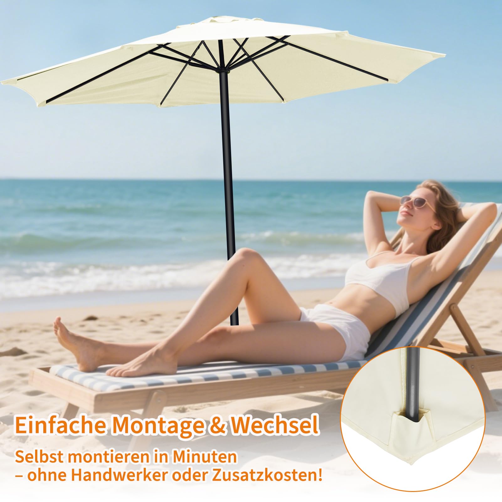 Sonnenschirm Ersatzbezug 3m Durchmesser, 8 Streben, Beige | UV-Schutz & Strapazierfähig, Sonnenschirm Bezug, Gartenschirm Ampelschirm Ersatz Stoffbezug für Hof, Garten, Strand und Pool