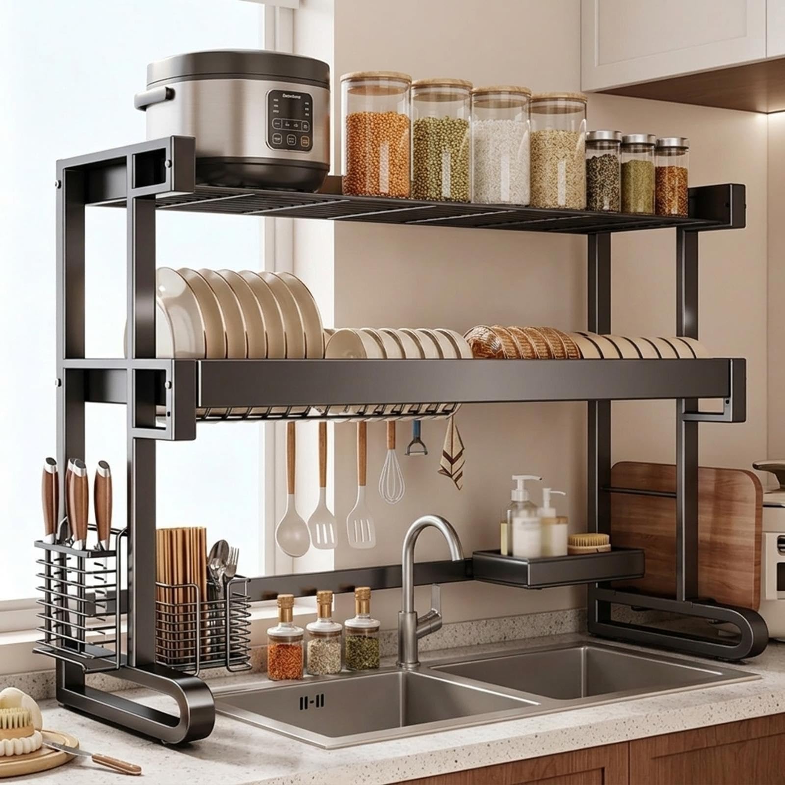 Escurrecubiertos de Cocina para Fregadero | Estante de 2 pisos en acero inoxidable y organizador ahorrador de espacio(Silver,34"/86cm)