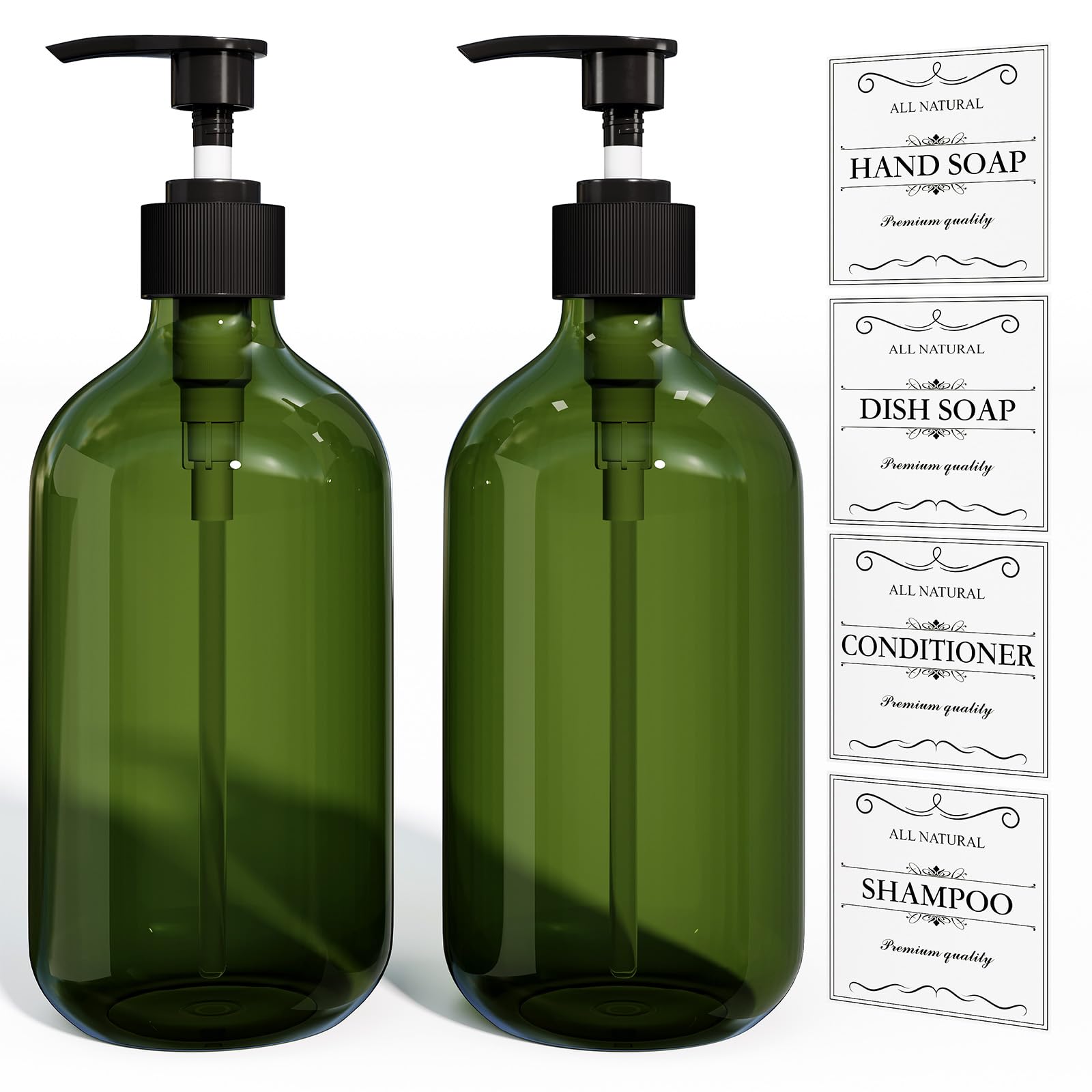 Green Soap Dispenser, Dish & Hand Soap Dispenser Set for Bathroom & Kitchen, Refillable Pump Bottle Dispenser, Plastic Empty Soap and Lotion Dispenser for Liquid, 2 Pcs