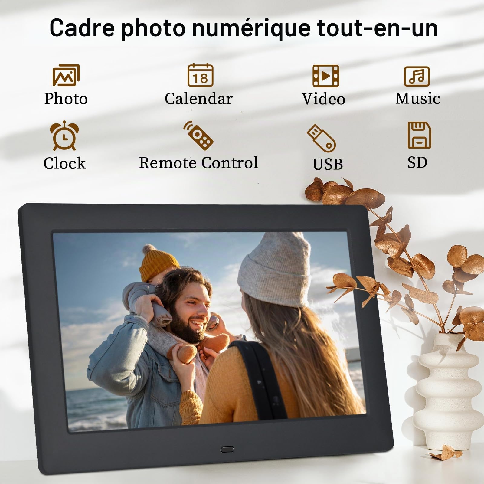 TSITSC Cadre photo numérique de 10,5 pouces, écran IPS 1280 x 720, calendrier, fonction horloge, musique, photo, lecteur vidéo avec télécommande, prend en charge les cartes USB/SD (noir)