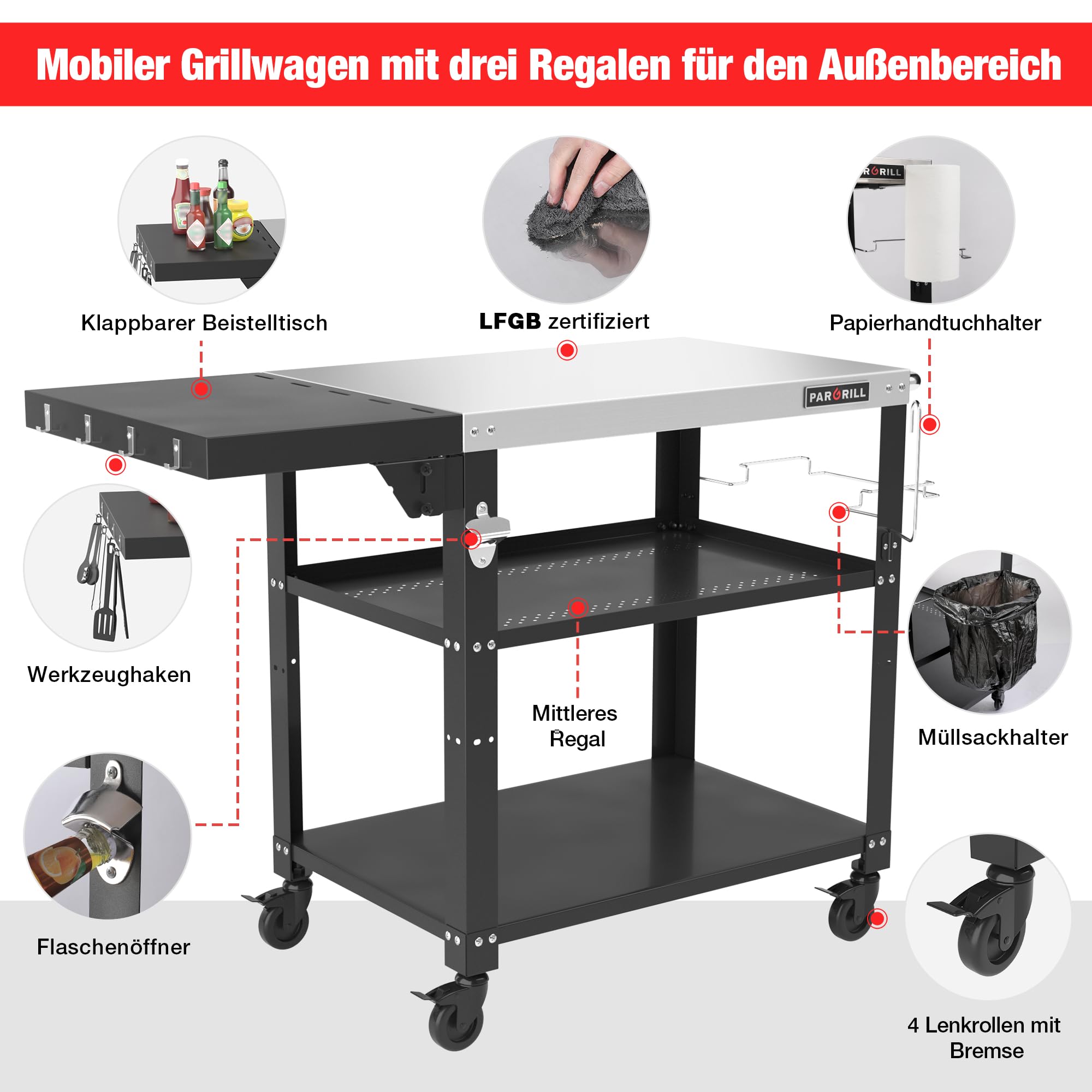 PARGRILL Grillwagen Edelstahl klappbarer Beistelltisch 3 Ebenen 360° Rollen mit Bremse Outdoor Grilltisch BBQ Garten