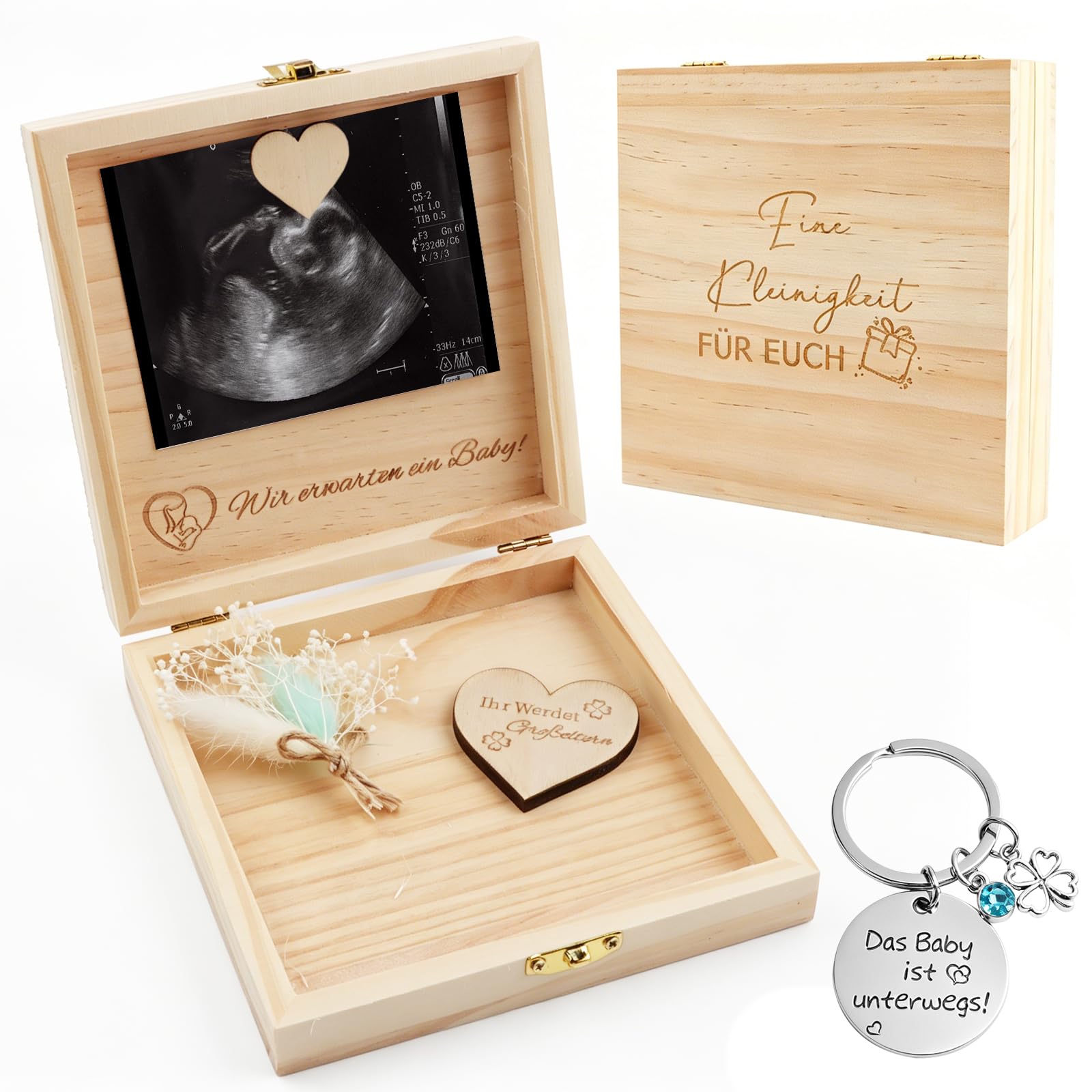 KingYH Anuncio de Embarazo con Caja de Madera Vais a Ser Abuelos | Regalo para Anunciar el Embarazo a la Familia Sorpresa Personalizada con llavero de Trébol (Abuela y Abuelo)