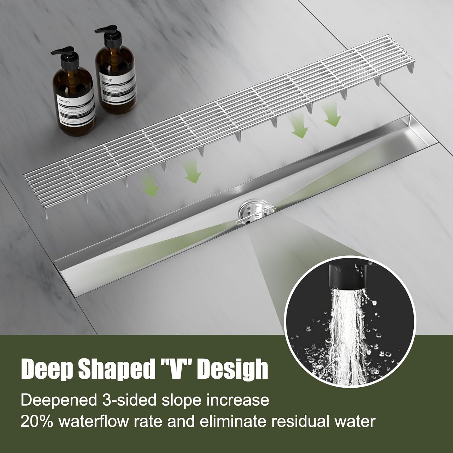 BARONAGE Linear Shower Drain 24 Inch, Brushed Nickel Linear Drains with Removable Wedge Wire Cover, 304 Stainless Steel Rectangle Shower Floor Drain for Bathroom with Hair Strainer