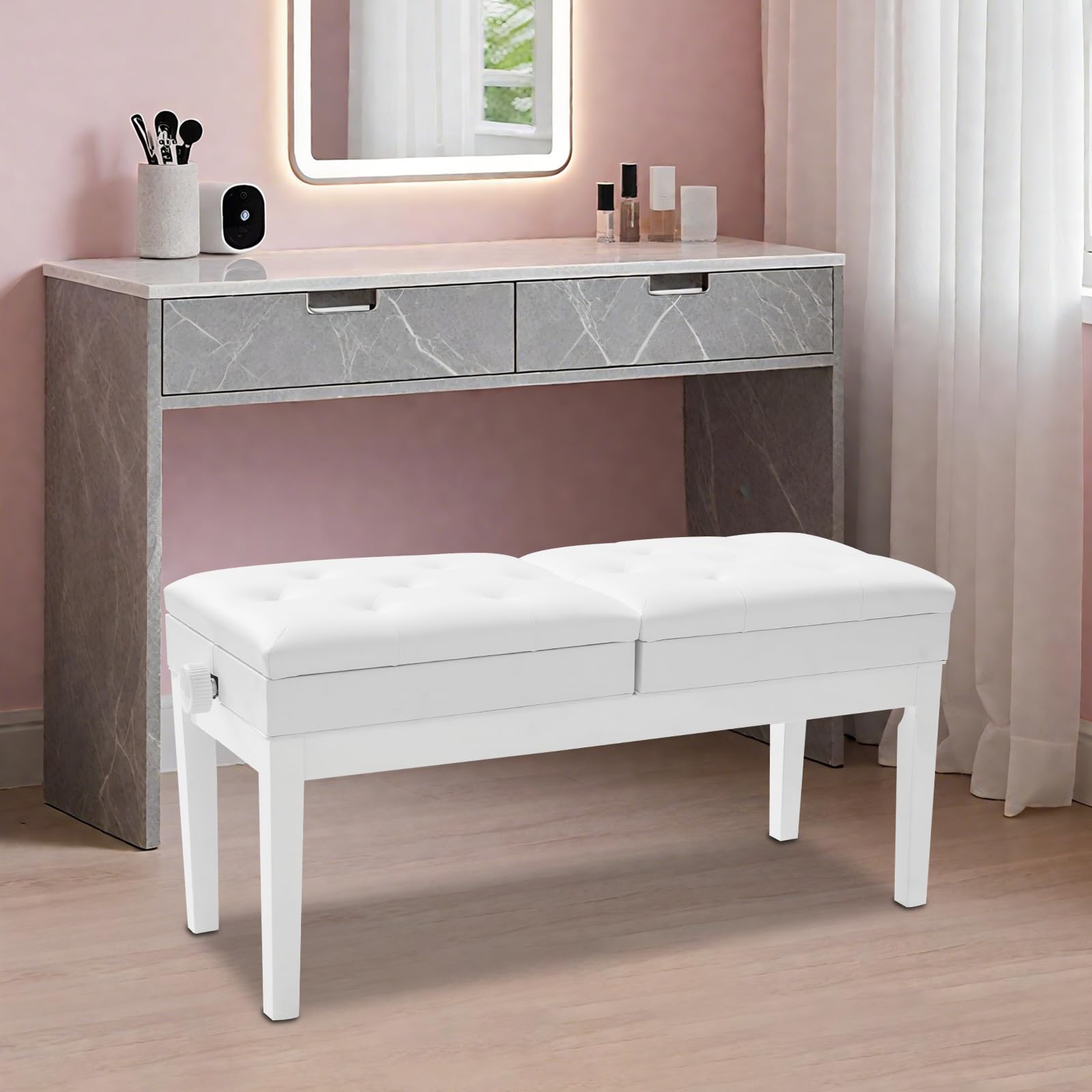 Banco de piano blanco de dos plazas, ajustable dúo para 2 personas, capacidad de carga de 200 kg, asiento de piano con espacio de almacenamiento para casas, escuelas, conciertos, estudios de