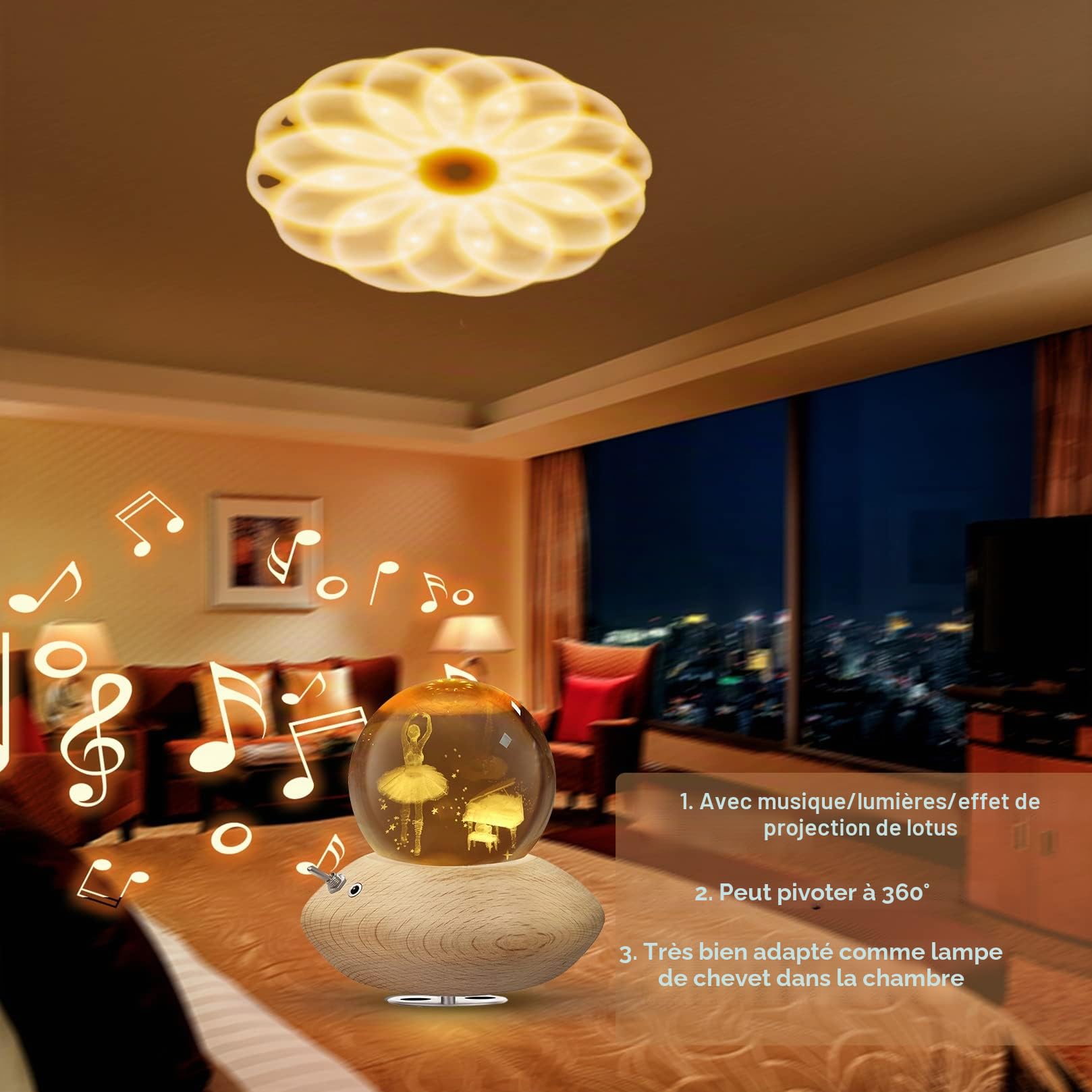 Boîte à Musique 3D Boule de Cristal,HILEYOLLA Boîte à Musique rotative à 360°avec Lampe de Projection à Lumière Chaude,Cadeau pour Noël,Thanksgiving, Anniversaire, Saint Valentin