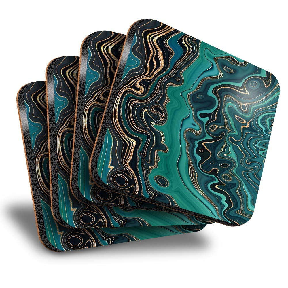 Destination Vinyl Ltd Multicolor Great Coasters (Set Of 4) Square - Teal Aqua Marble Effect Ink Art Drink Glossy Coasters/Tabletop Protection For Any Table Type #21845