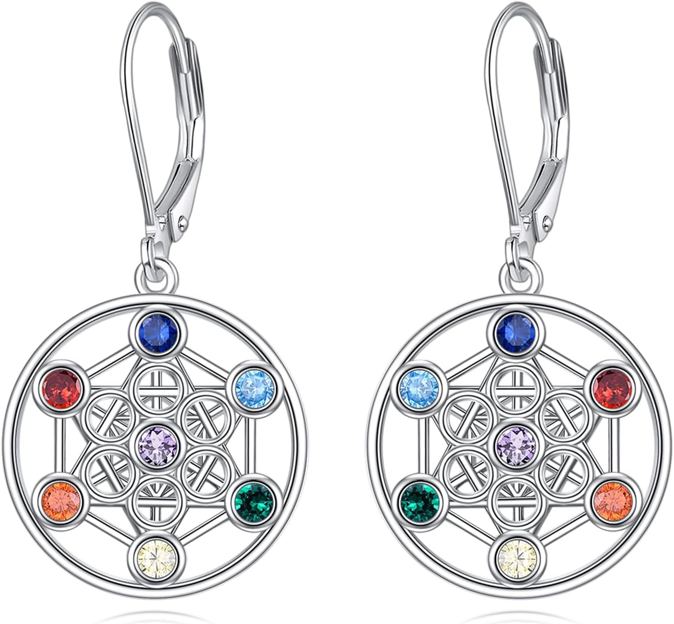YFN Metatron Cube Earrings Sterling Silver Sacred Geometry Dangle Drop leverback Earrings 7 Chakra Jewelry Talisman Gifts for Women