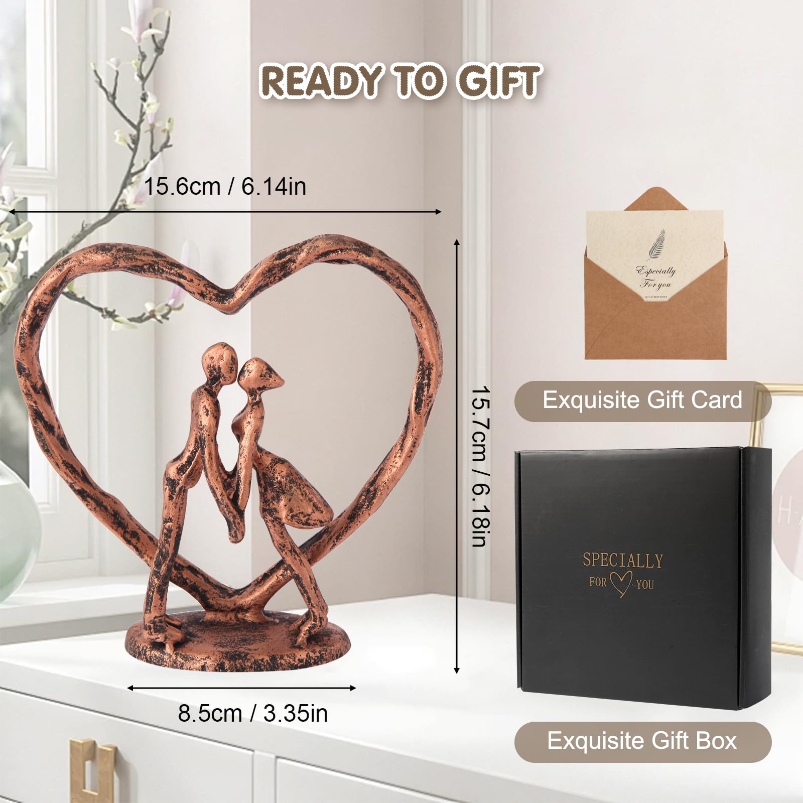 Anniversary Wedding Gift for Her Wife Husband Couple，Antique Bronze Metal Couple Figurine Heart Sculpture Love Statue,Romantic 1st to 60th Anniversary,Includes Gift Box and Gift Card,Valentines Gifts