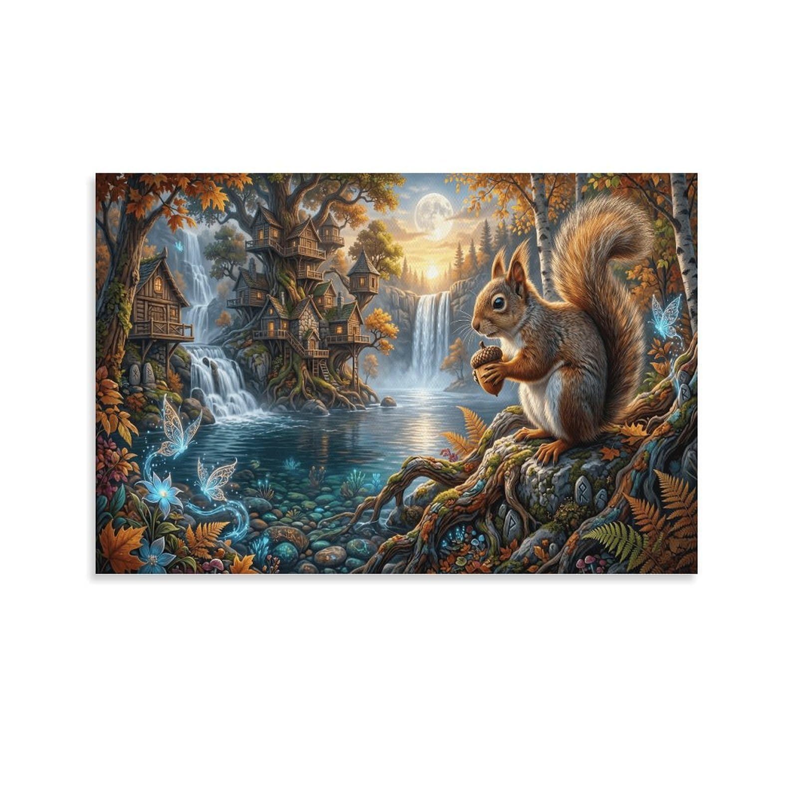 XPASHIQWC Squirrel Wall Decor Poster Autumn Forest Waterfall Giclee Canvas Prints Modern Wall Art Picture Wall Hanging for Home Decorations 20x30inch(50x75cm)