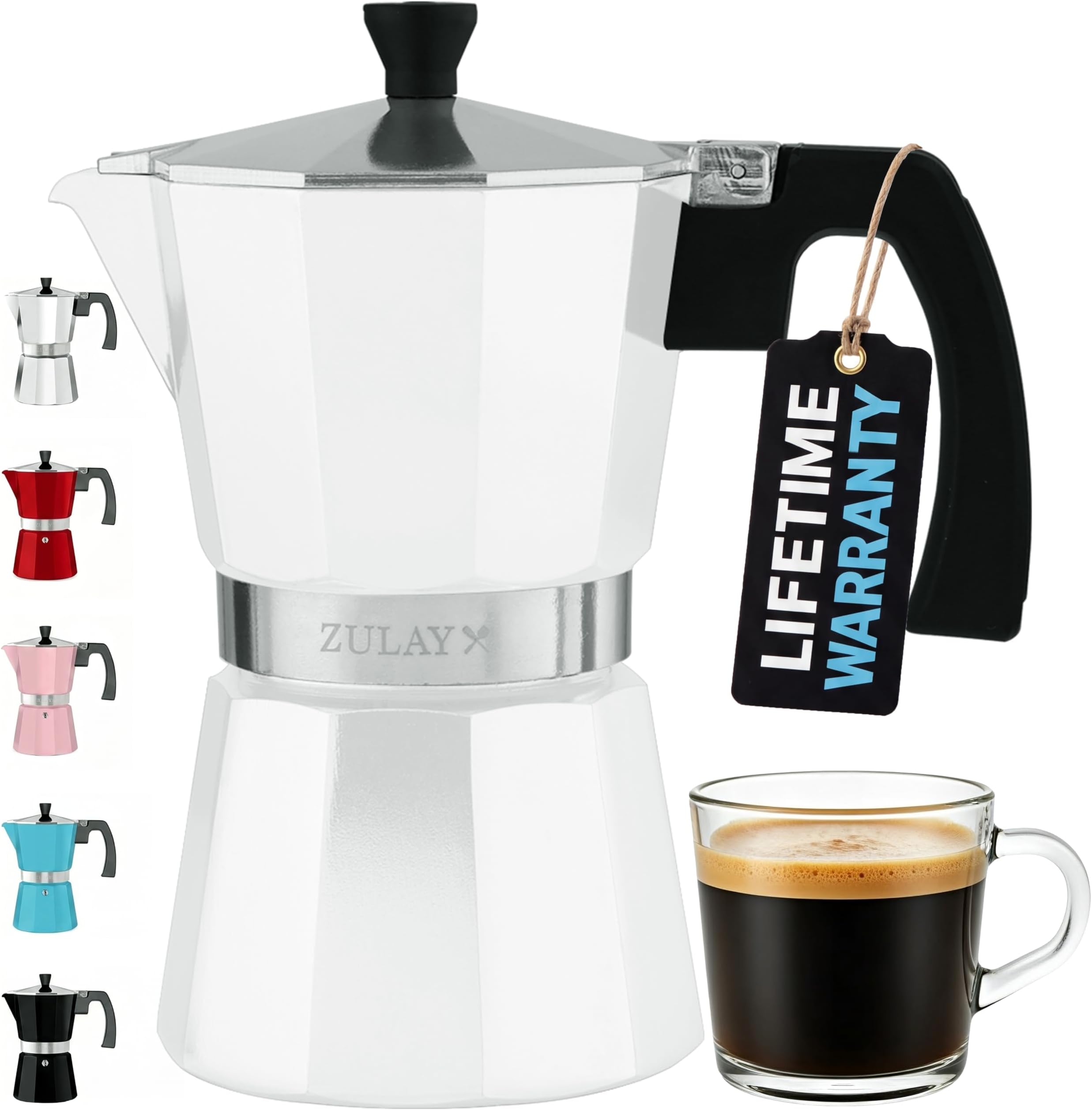 Zulay Moka Pot Espresso Stovetop Coffee Maker - Leak-Proof, Stainless Steel, Easy to Clean, Heat Resistant Handle & Knob - for Authentic Cuban & Italian Style Espresso - Makes 3 Espresso Cups - White