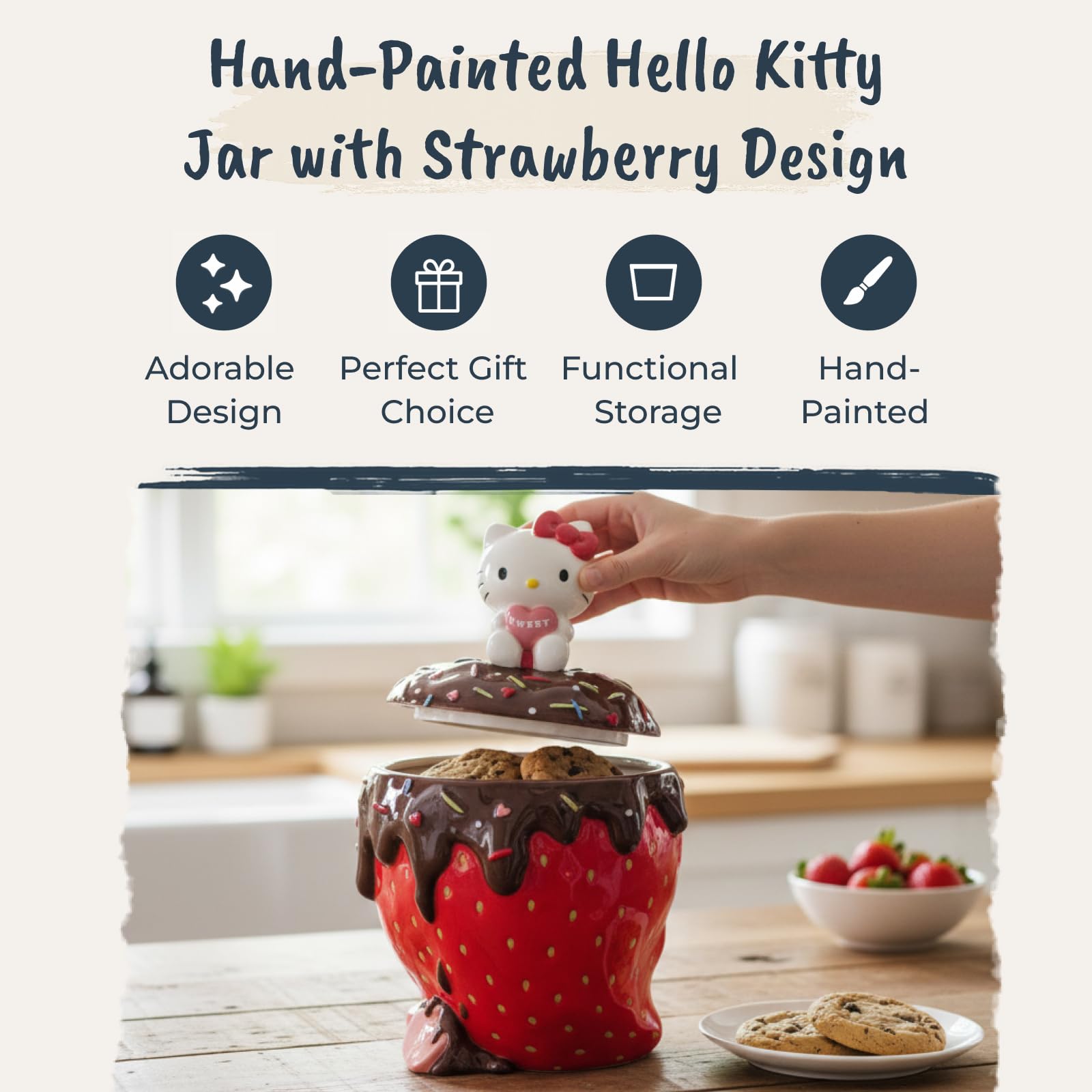 Blue Sky Clayworks Hello Kitty Strawberry Cookie Jar, Ceramic, 7" L x 7" W x 12" H, Chocolate-Drip Berry Sweet